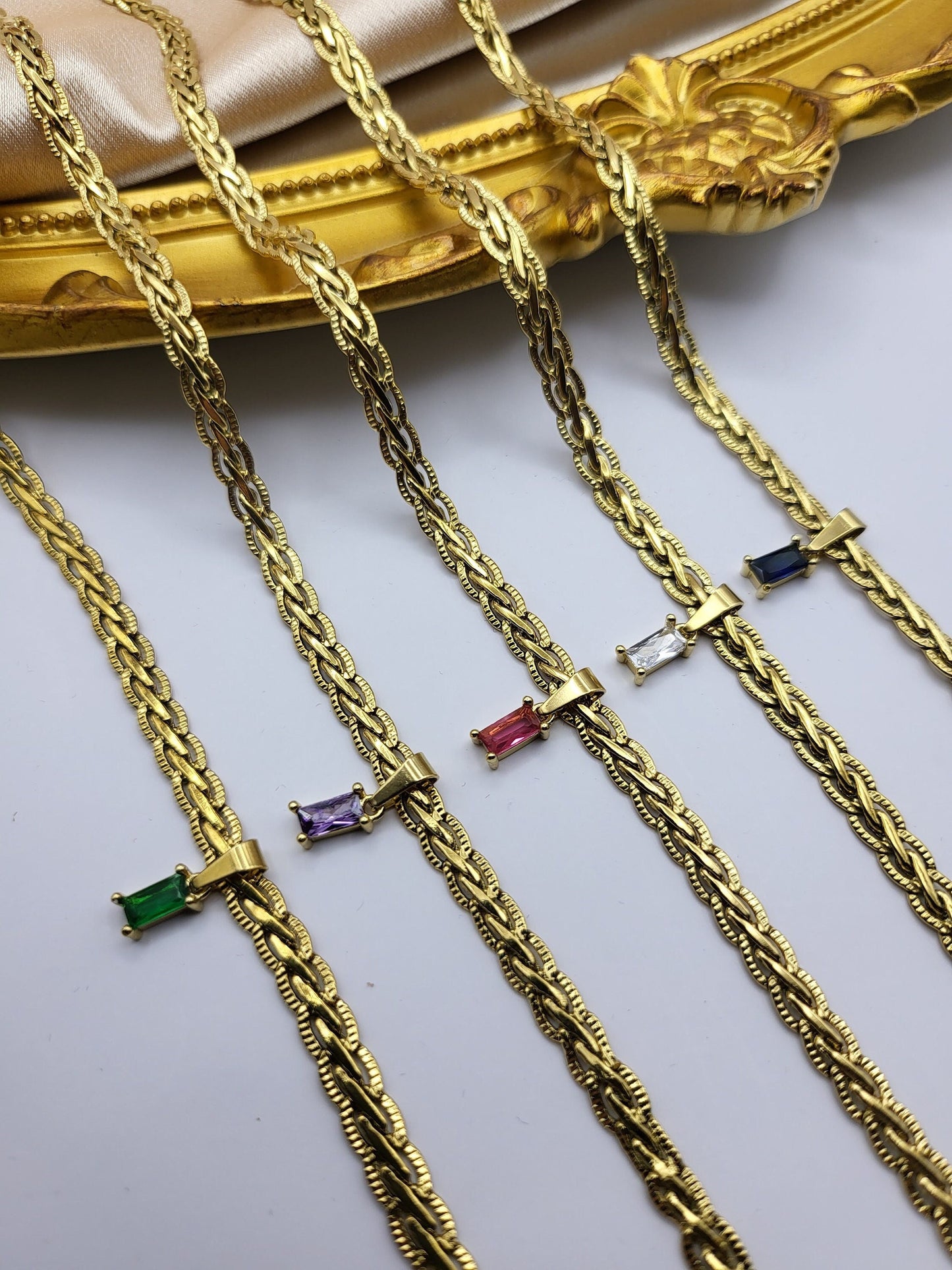 Gold Filled Snake Chain Necklace,Square Zircon Pendant Necklace,WATERPROOF.