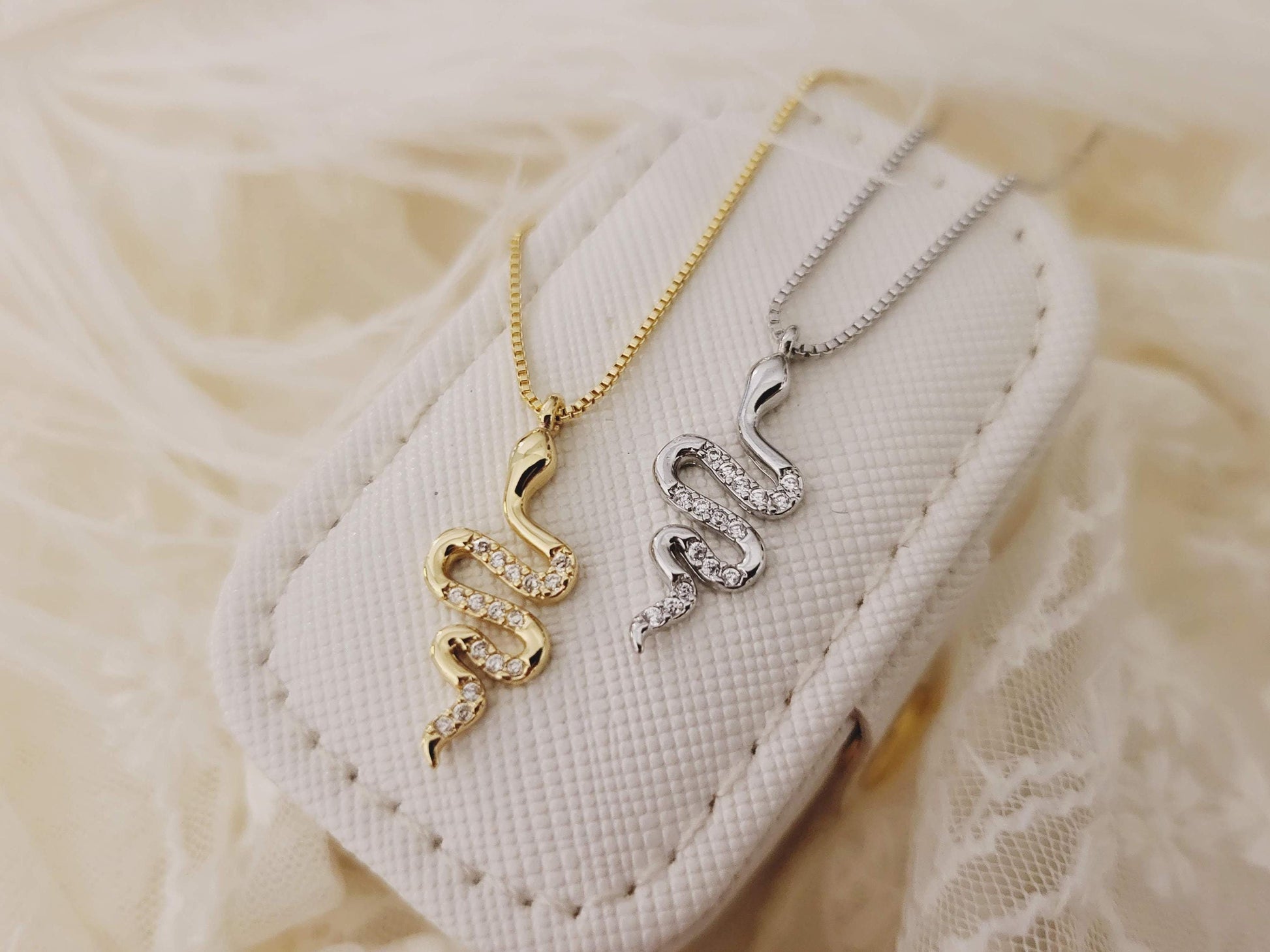 Gold Snake CZ Earrings ,Snake Pendant Necklace, Anniversary Gift.