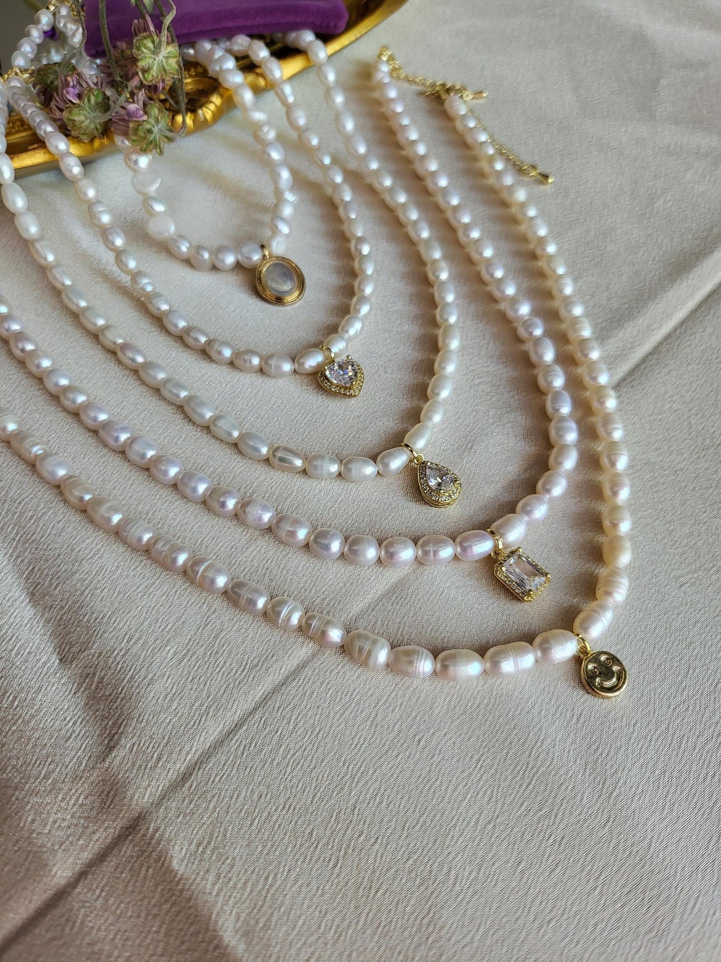 Gold Filled Freshwater Pearl Necklace, Heart , Rectangle , Round, Drop Pendant . Waterproof.