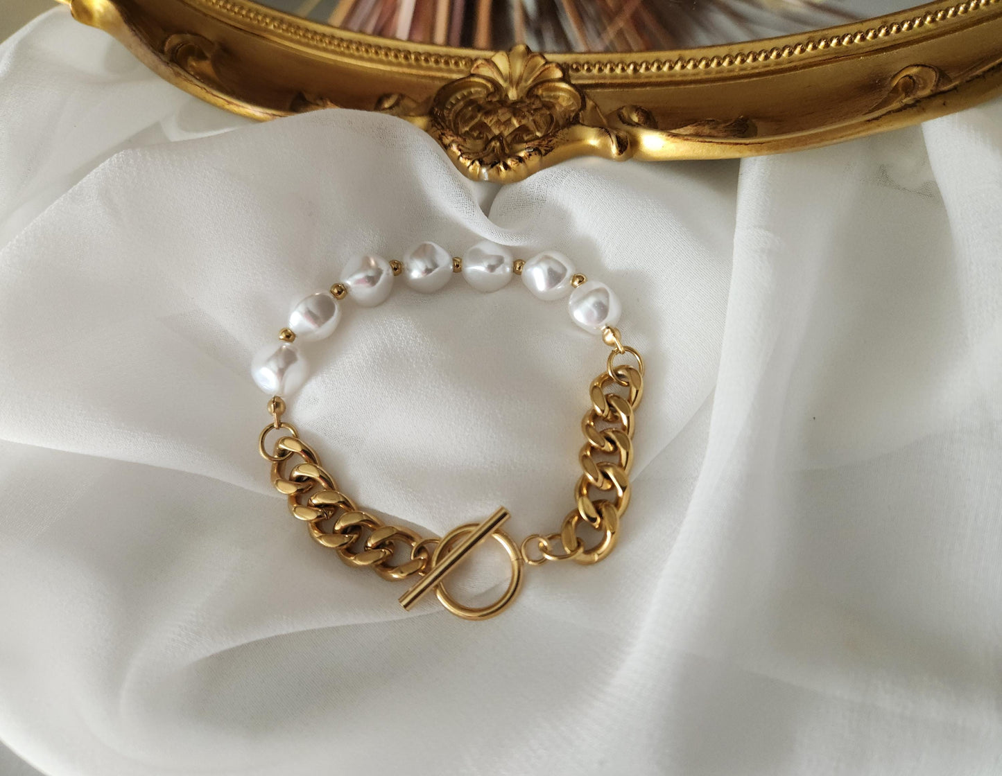 Gold Filled Pearl Toggle Bracelet, Non Tarnish Bracelet, WATERPROOF.