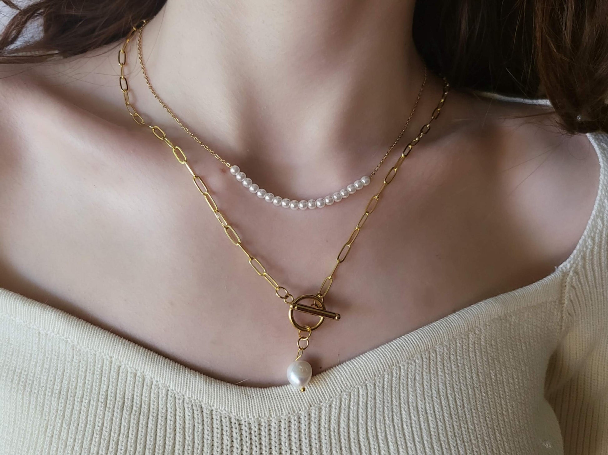 Gold Filled Non Tarnish Toggle Claps Paperclip Necklace, Freshwater pearl Pendant, WATERPROOF.