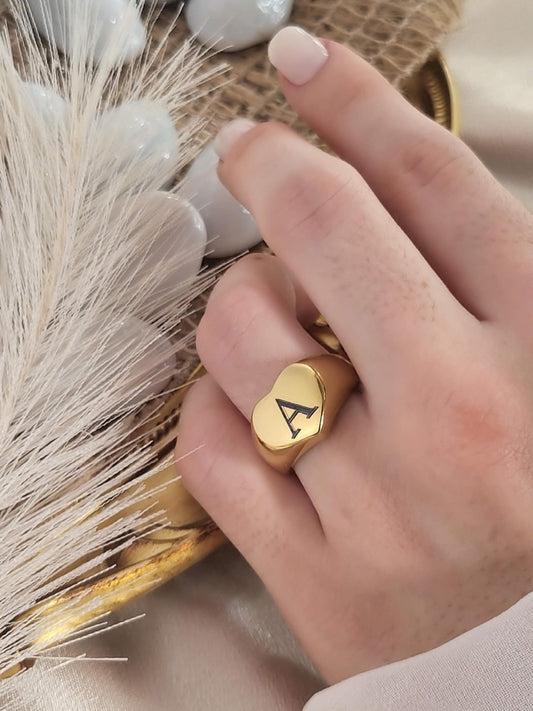 Gold Engraved Heart Ring ,Initial Name Ring, Custom Ring, Waterproof , High Quality Gift.