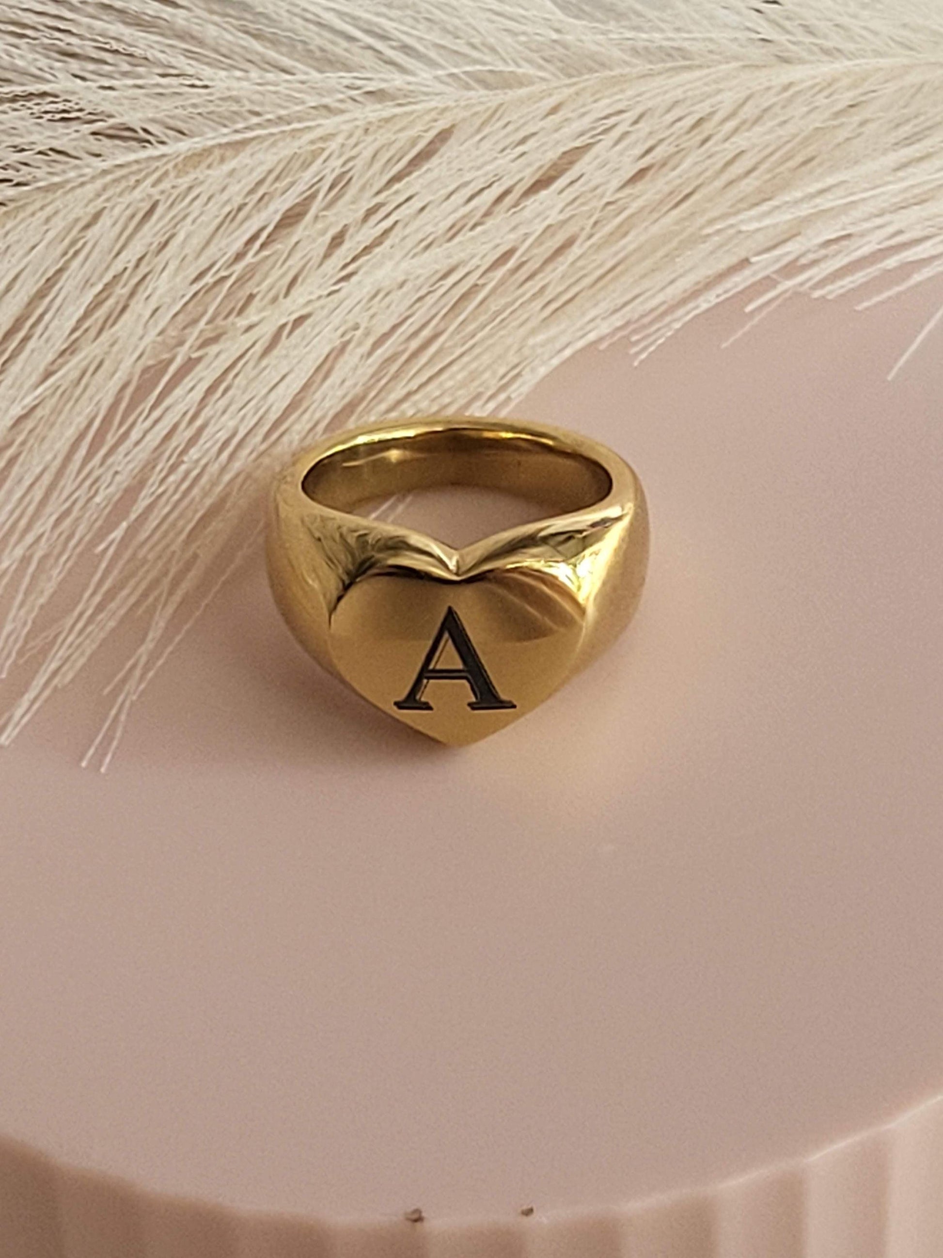 Gold Engraved Heart Ring ,Initial Name Ring, Custom Ring, Waterproof , High Quality Gift.