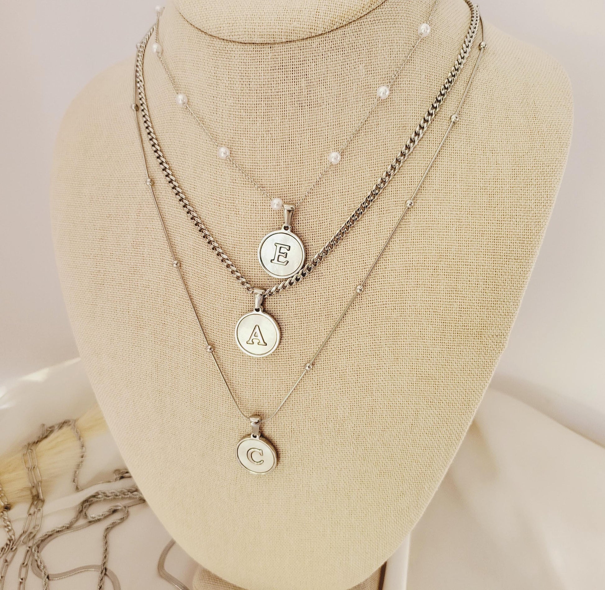 Silver Mother of Pearl Round Letter Name Necklace, Birthday Gift.