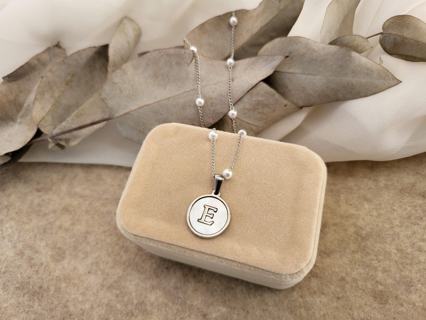 Silver Mother of Pearl Round Letter Name Necklace, Birthday Gift.