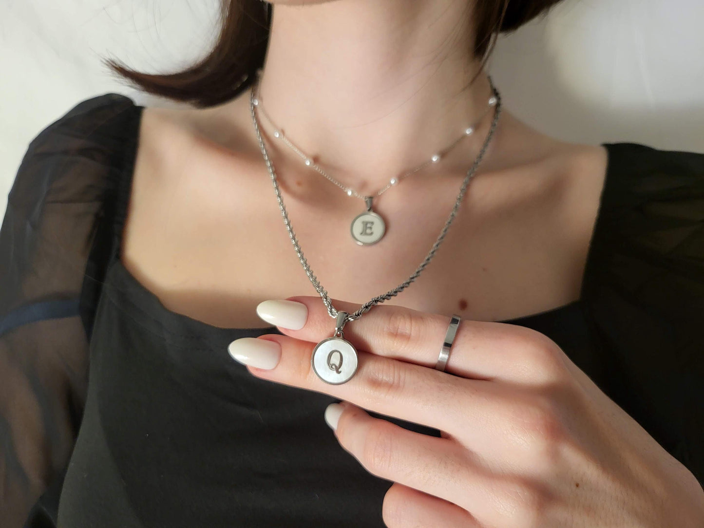 Silver Mother of Pearl Round Letter Name Necklace, Birthday Gift.