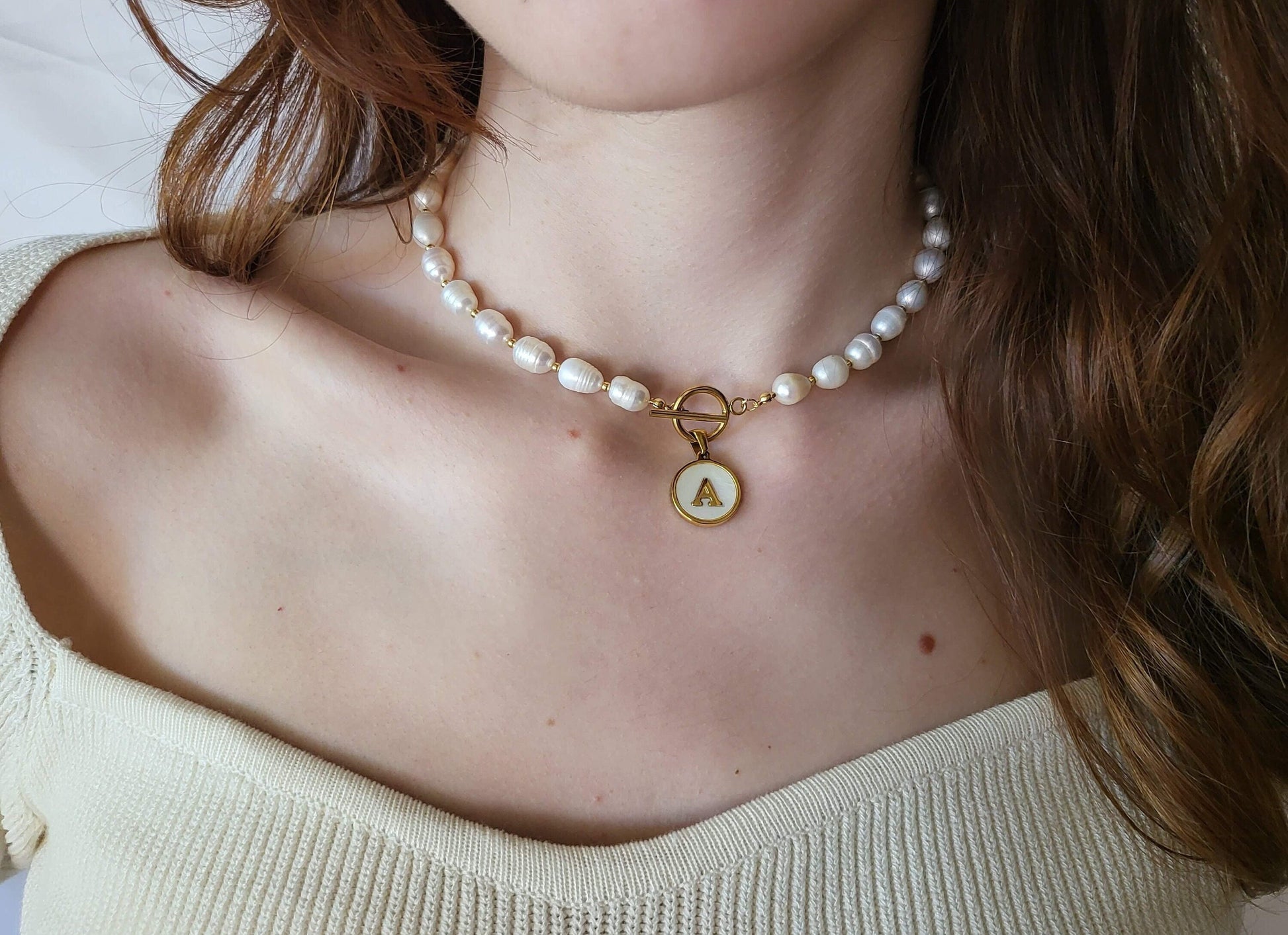 Gold Filled Real Freshwater Pearl Necklace ,Round initial , Square initial, Toggle claps.