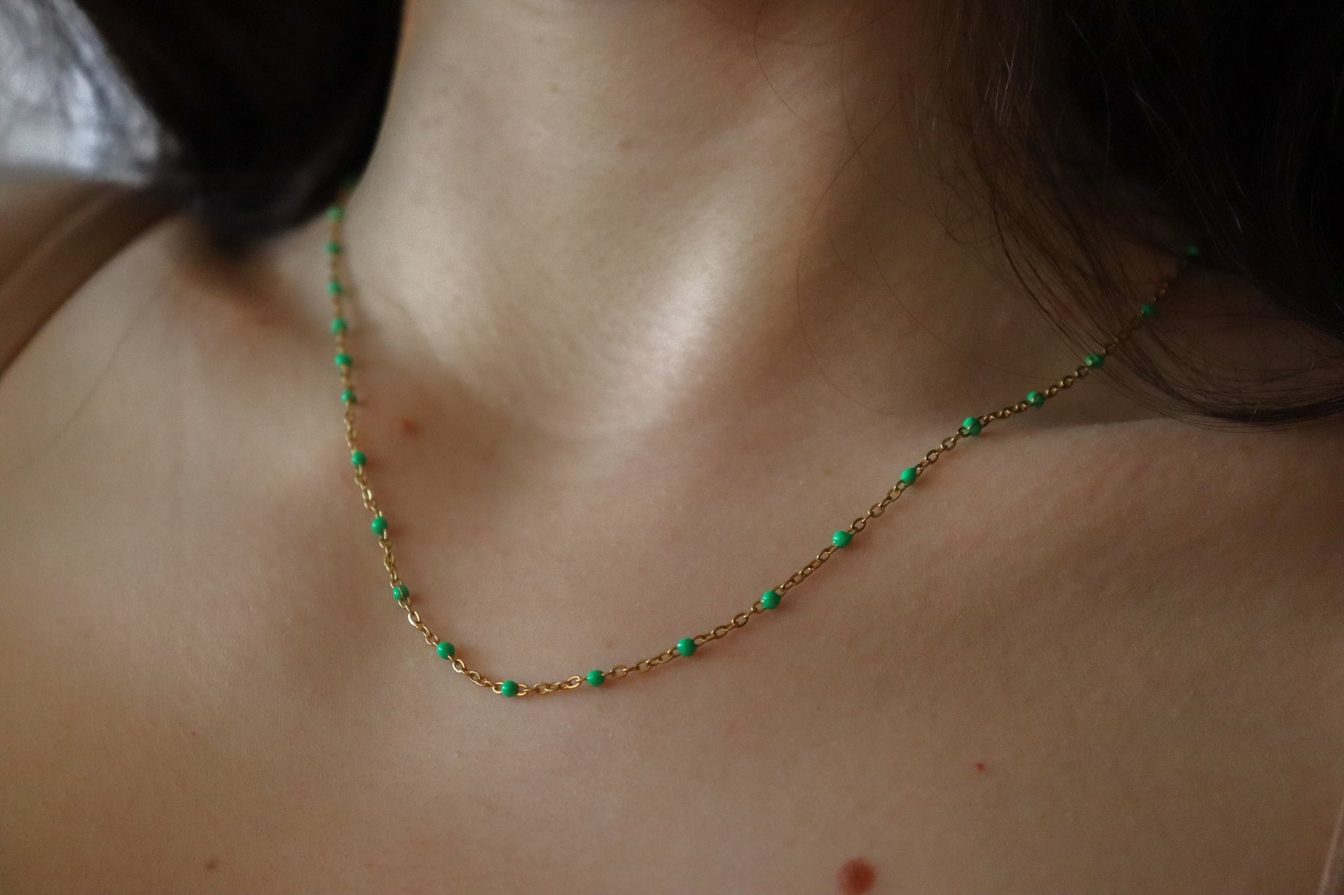 Gold Filled Colorful Beaded Necklaces, Red, White , Green Beaded ,Waterproof, Gift For Her.