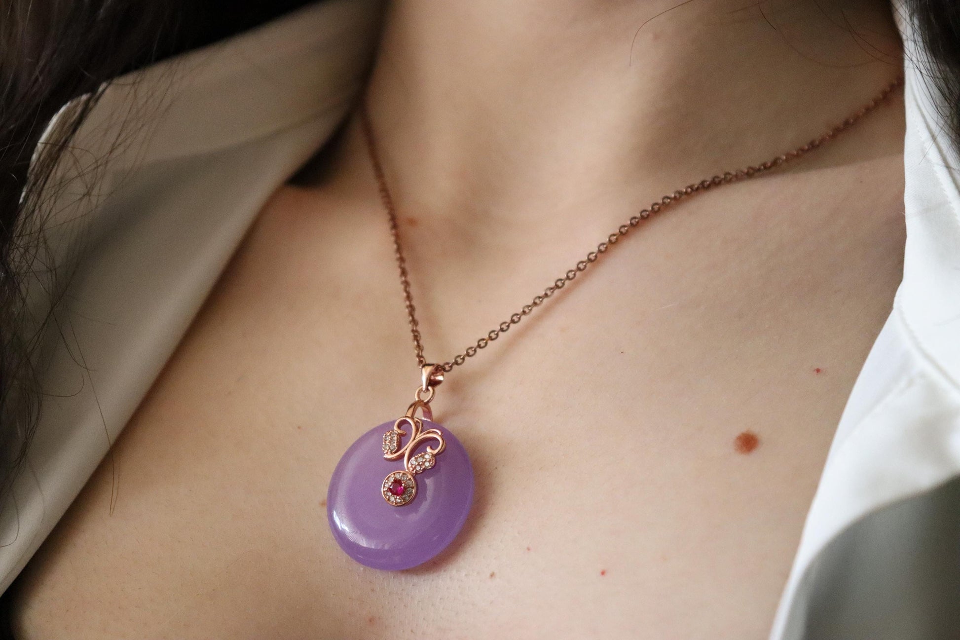 Rose Gold Purple Jade Necklace, Gemstone Necklace, Gift For Her .