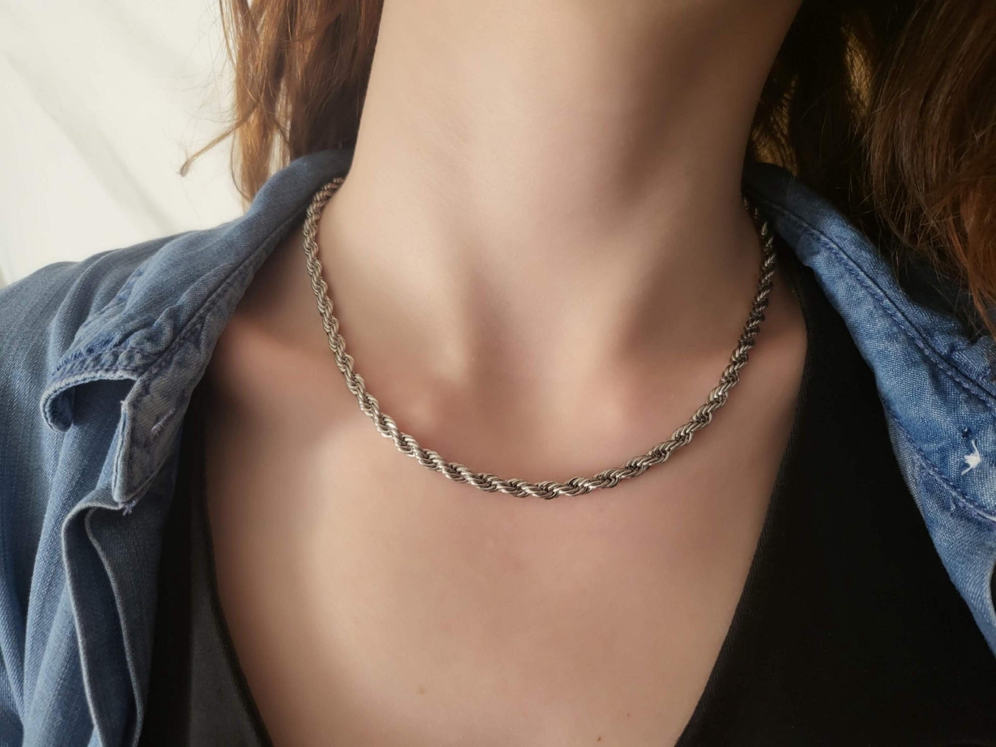 Silver Non Tarnish Rope Chain Necklace, WATERPROOF.