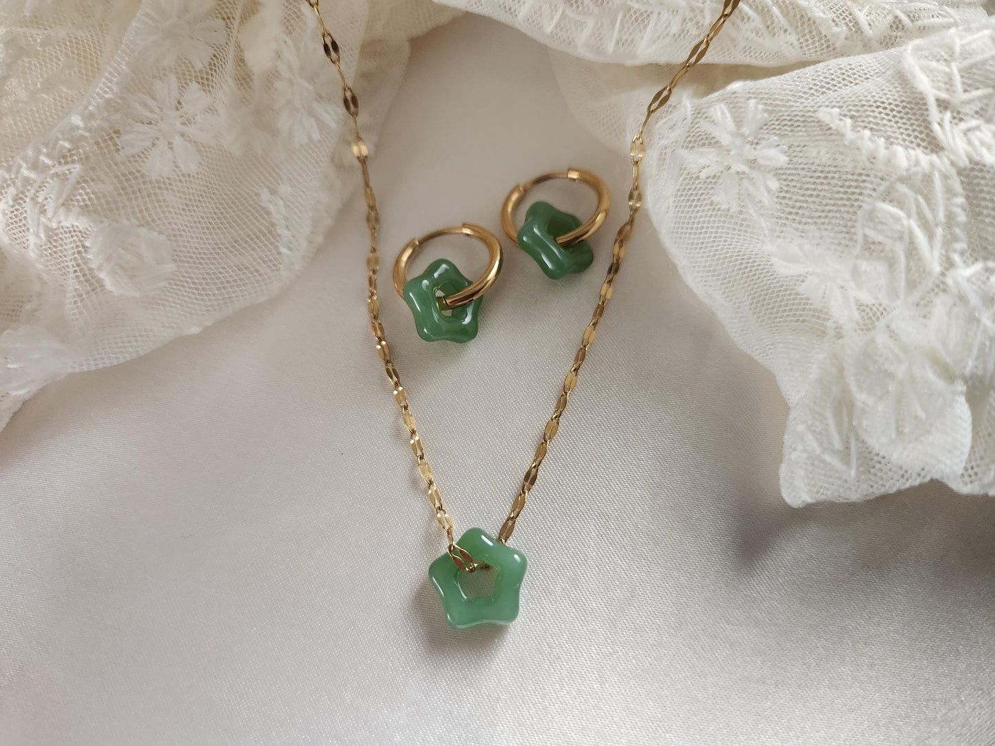 Gold Filled Flower Natural Jade Earrings ,Jade Necklace, WATERPROOF Set For Her.