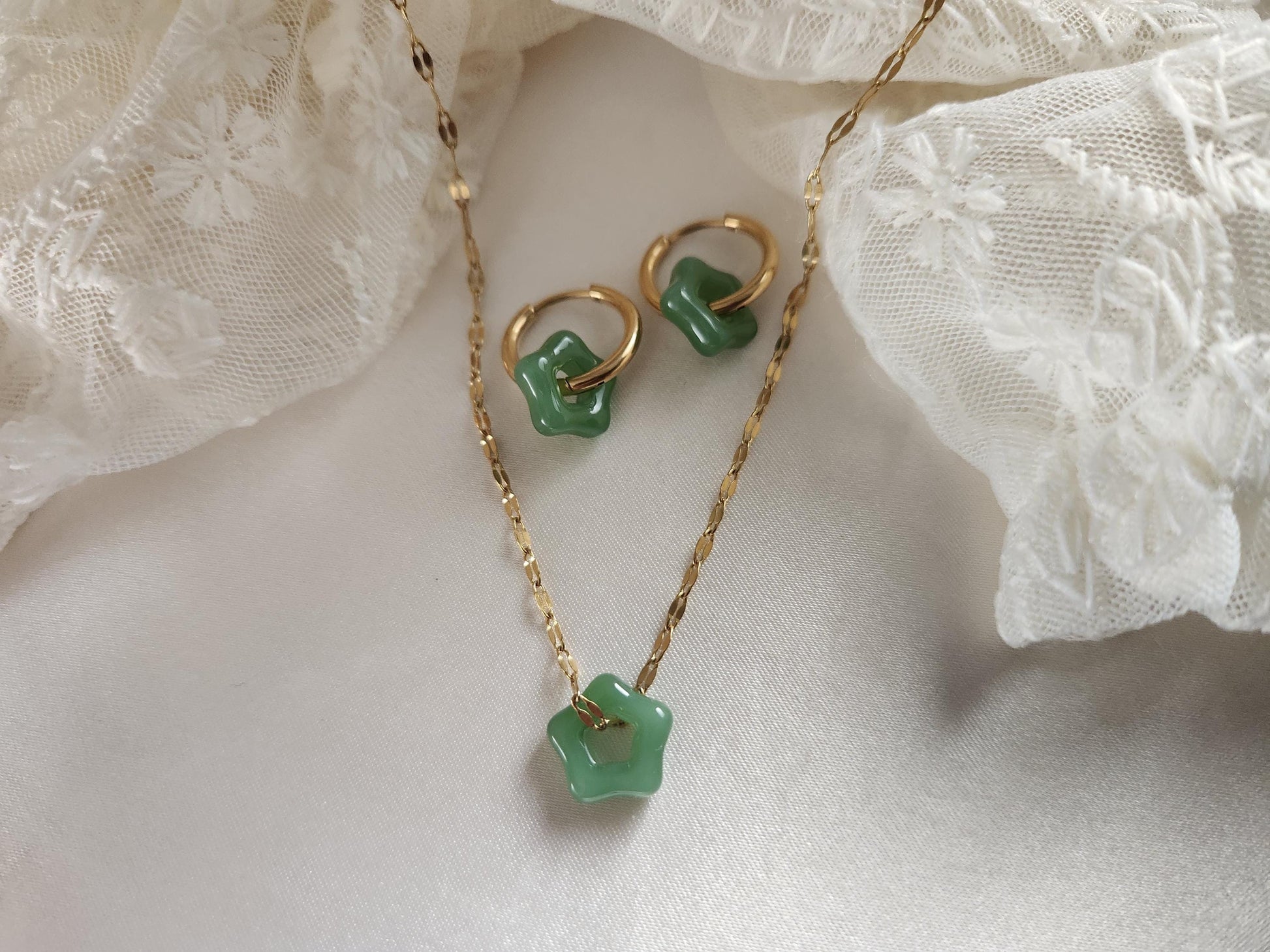 Gold Filled Flower Natural Jade Earrings ,Jade Necklace, WATERPROOF Set For Her.