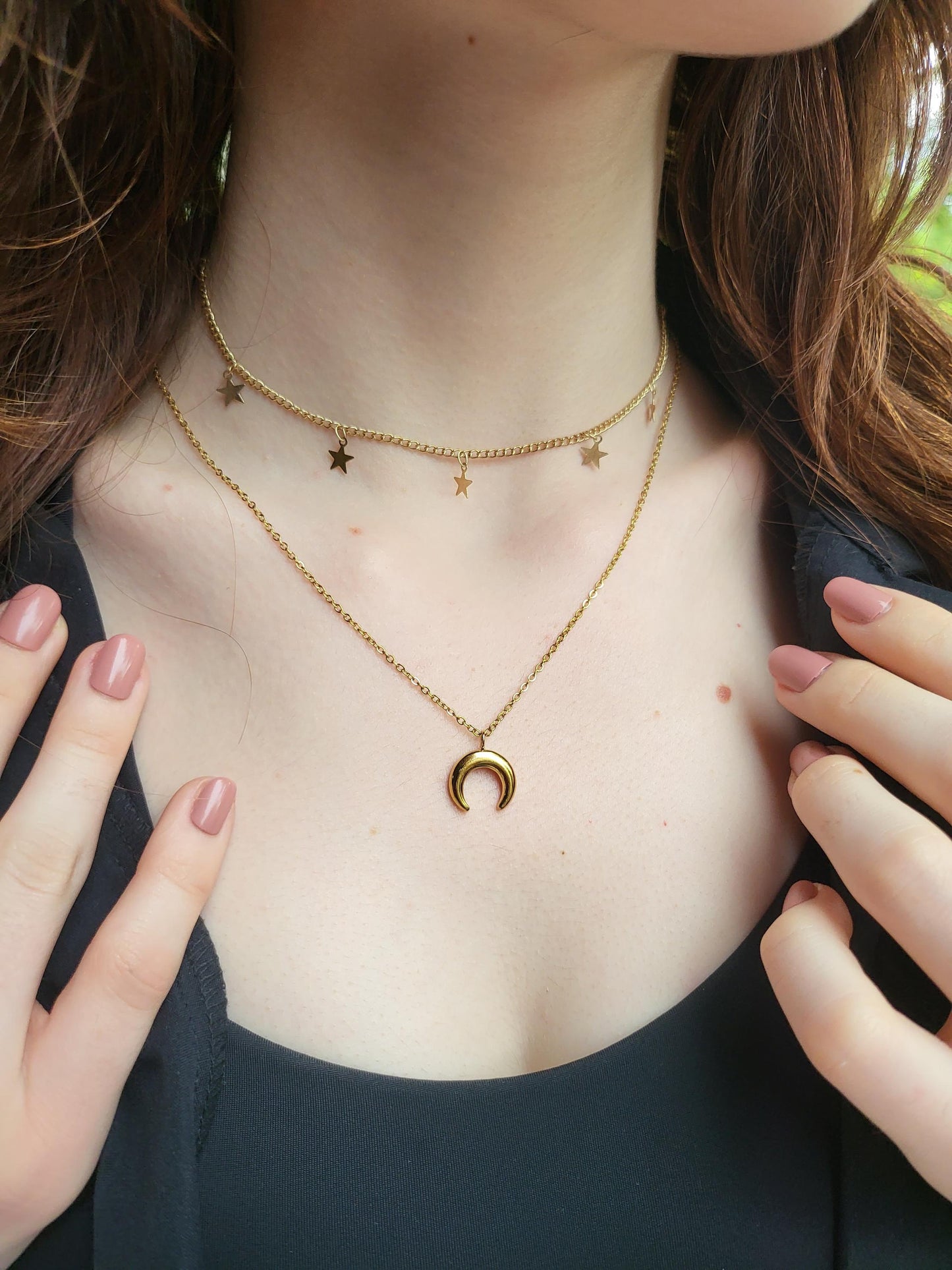 Gold Filled Star Bead ,Bar ,Half Moon Necklace, Layered Necklace, WATERPROOF, Gift For Her.