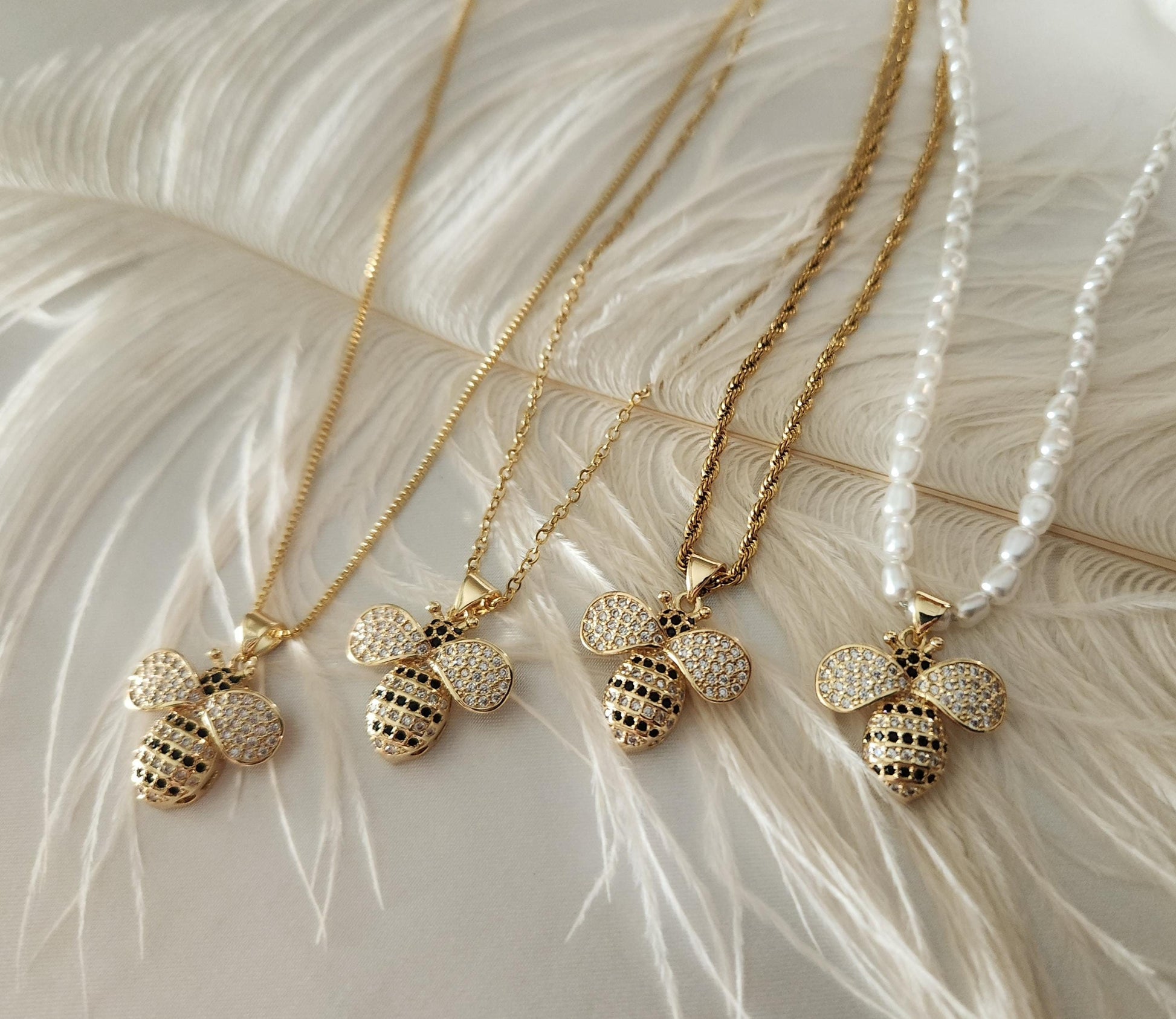 18K Gold Bee Necklace, WATERPROOF Adjustable Chains.