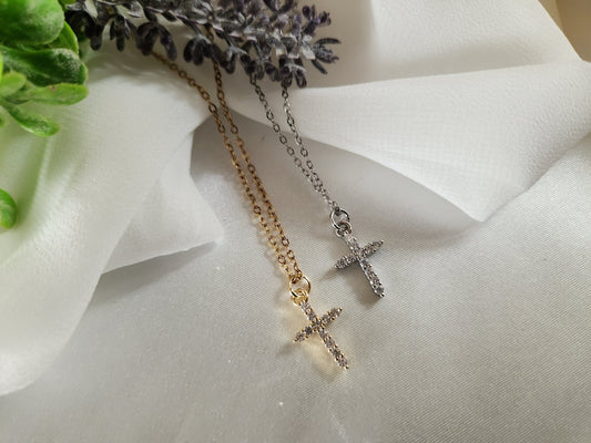 Gold Filled or Silver Minimalist Diamond Cross Necklace, Cross Pendant Dainty, WATERPROOF Adjustable Chains.