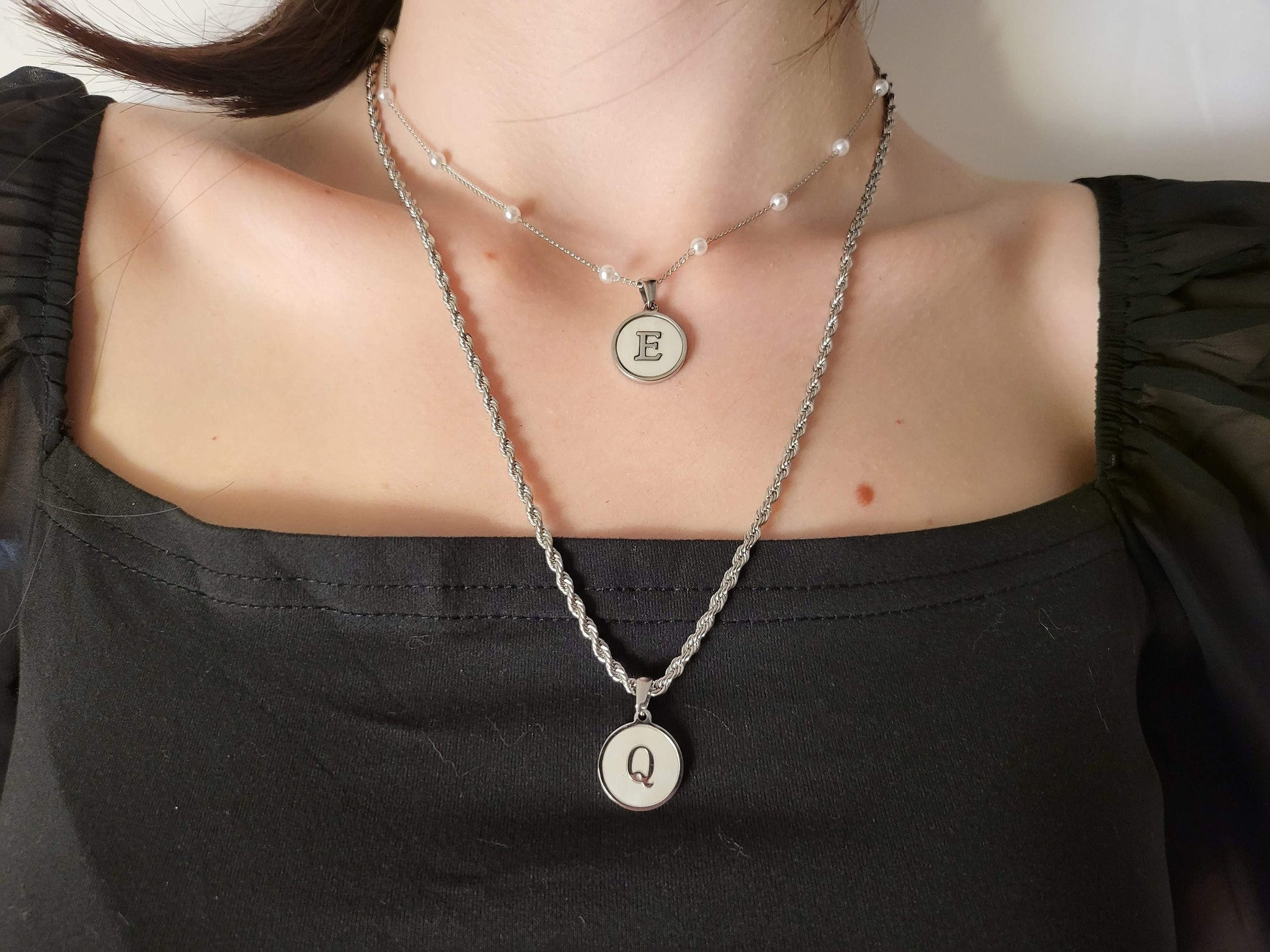 Silver Mother of Pearl Round Letter Name Necklace, Birthday Gift.