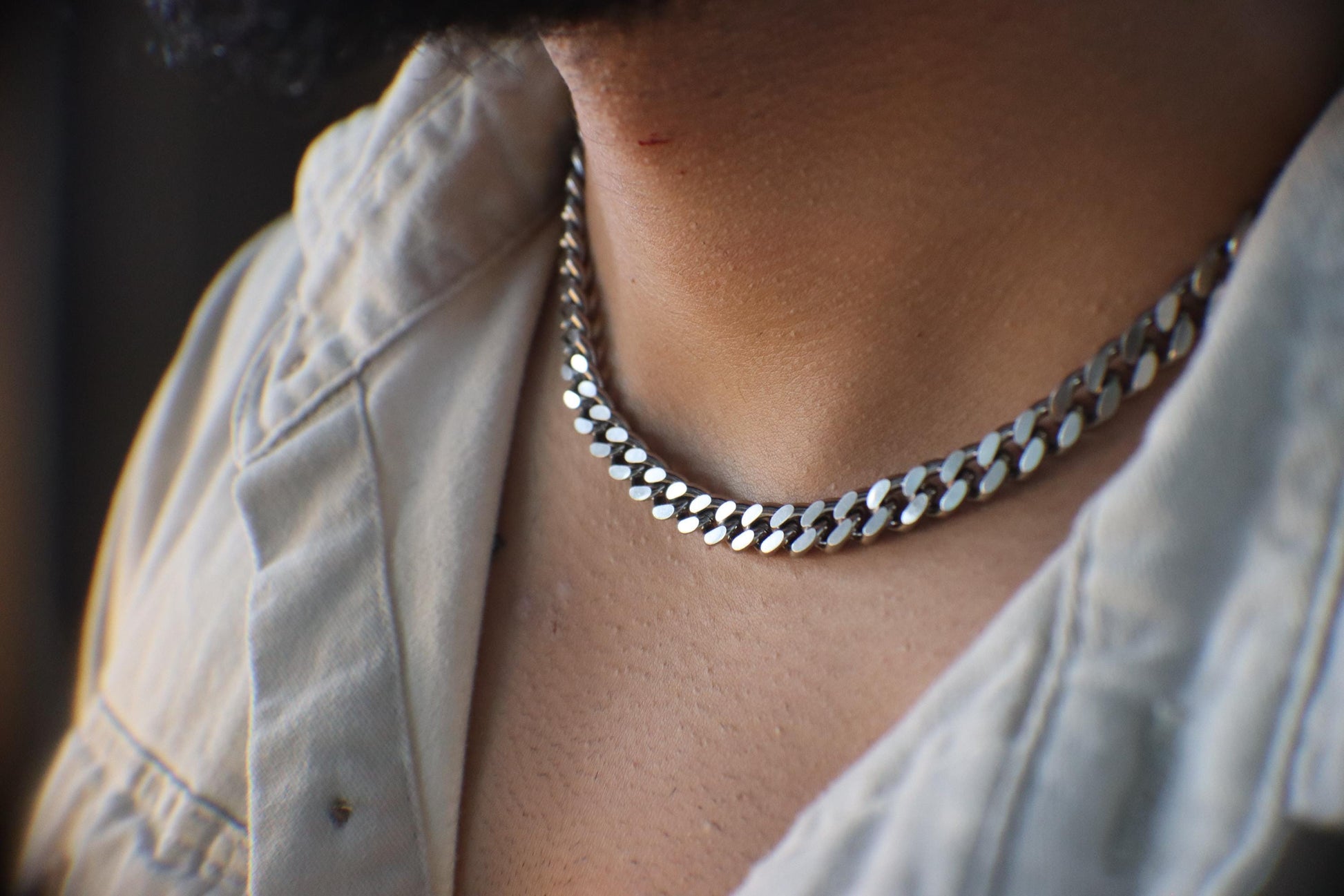 Silver Stainless Steel Non Tarnish Cuban Chain Bracelet,Chunky Necklace,WATERPROOF.