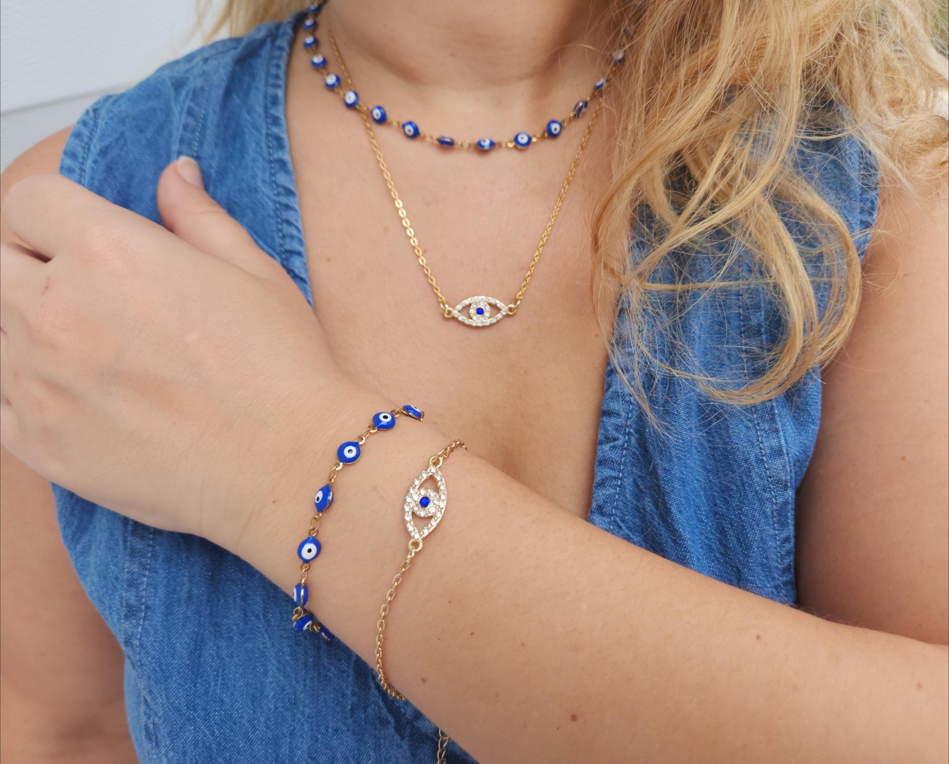 Gold Filled Evil Eye Necklace , WATERPROOF, Protection Jewelry, Good Luck Charm, Sapphire Evil Eye Choker, Lucky Eye Necklace.