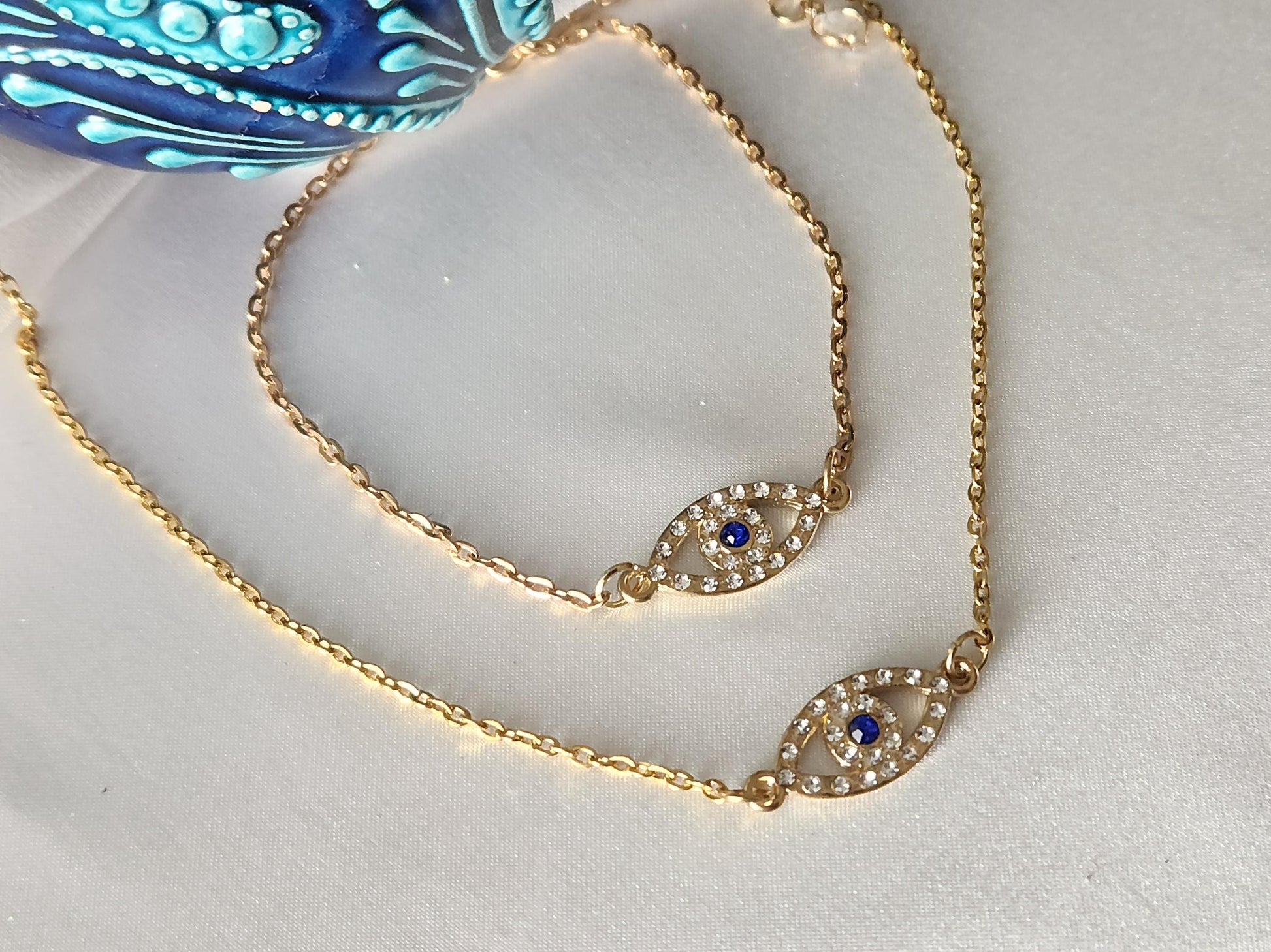 Gold Filled Evil Eye Necklace , WATERPROOF, Protection Jewelry, Good Luck Charm, Sapphire Evil Eye Choker, Lucky Eye Necklace.