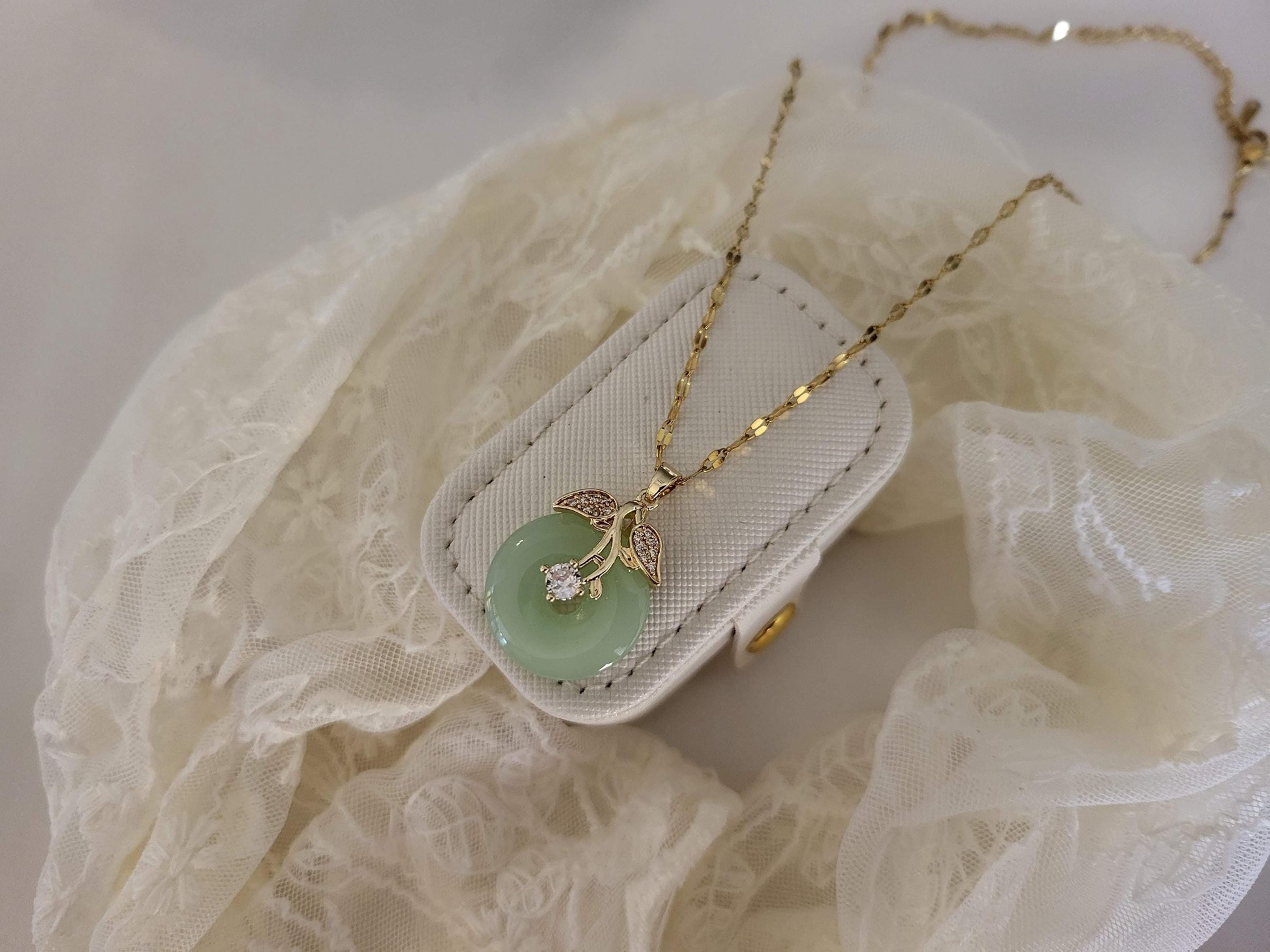 Gold Filled Mint Good Luck Jade Necklace, WATERPROOF Chains, Gift for Her.