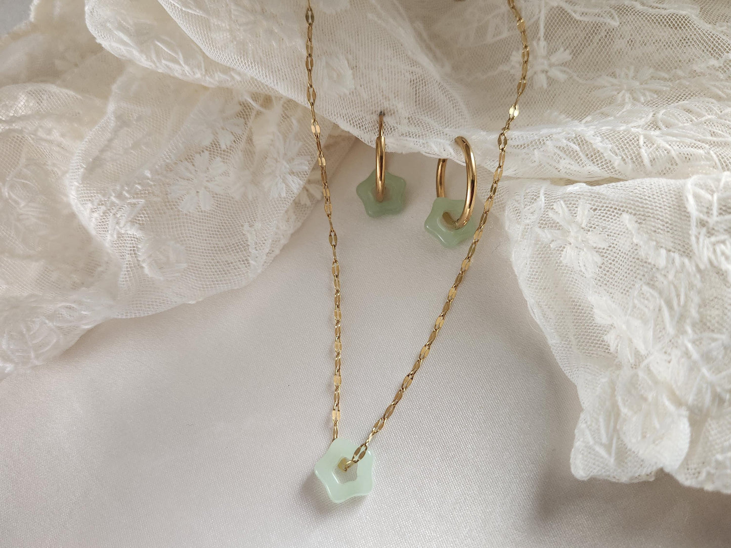 Gold Filled Flower Natural Jade Earrings ,Jade Necklace, WATERPROOF Set For Her.