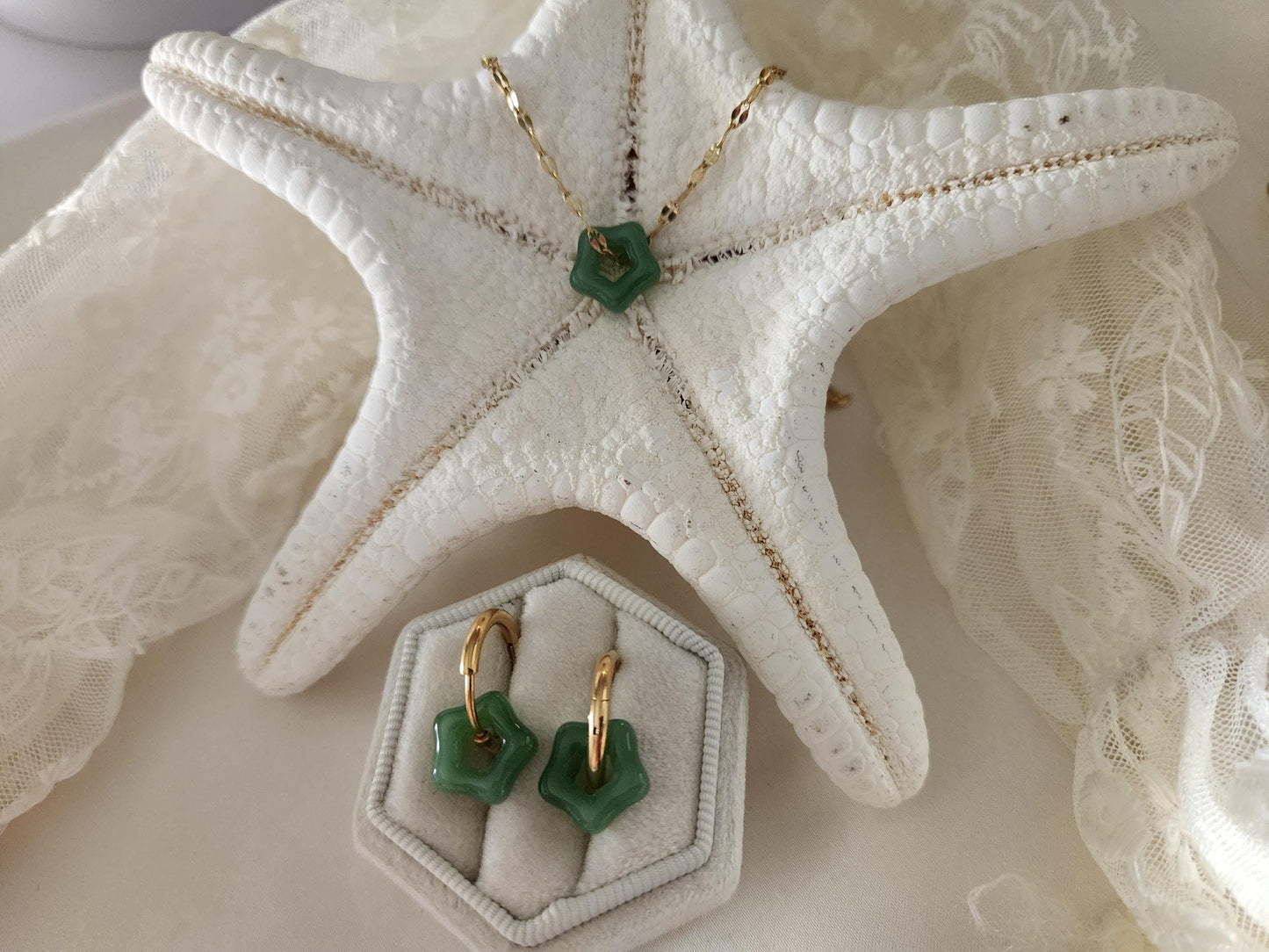 Gold Filled Flower Natural Jade Earrings ,Jade Necklace, WATERPROOF Set For Her.