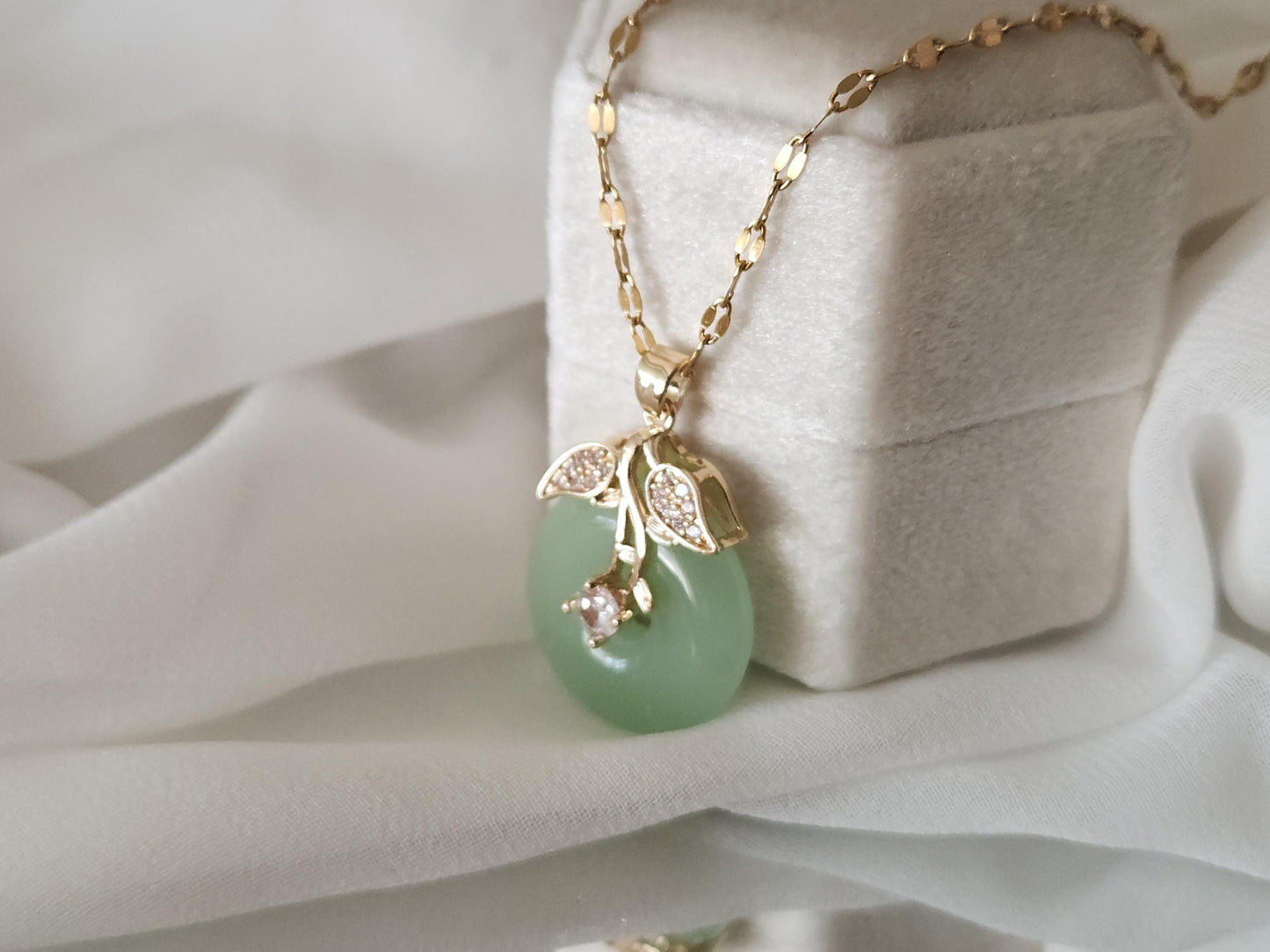 Gold Filled Mint Good Luck Jade Necklace, WATERPROOF Chains, Gift for Her.