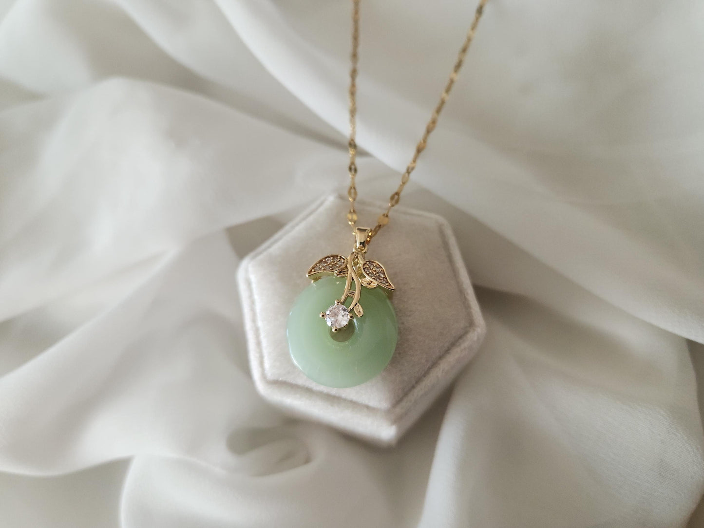 Gold Filled Mint Good Luck Jade Necklace, WATERPROOF Chains, Gift for Her.