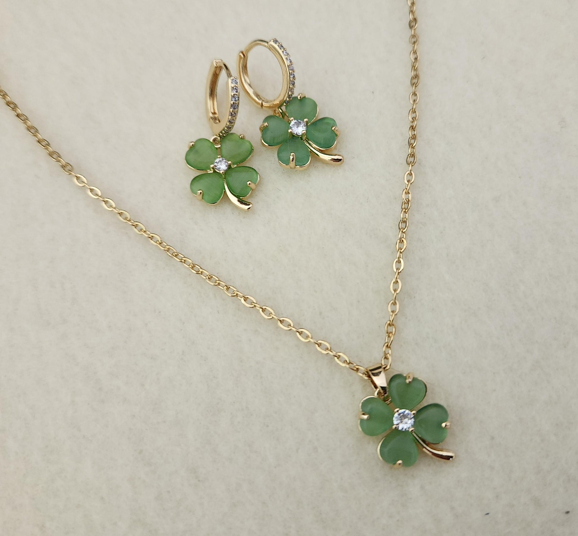 Gold Filled Clover Natural Jade Earrings , Necklaces, WATERPROOF Clover Set.