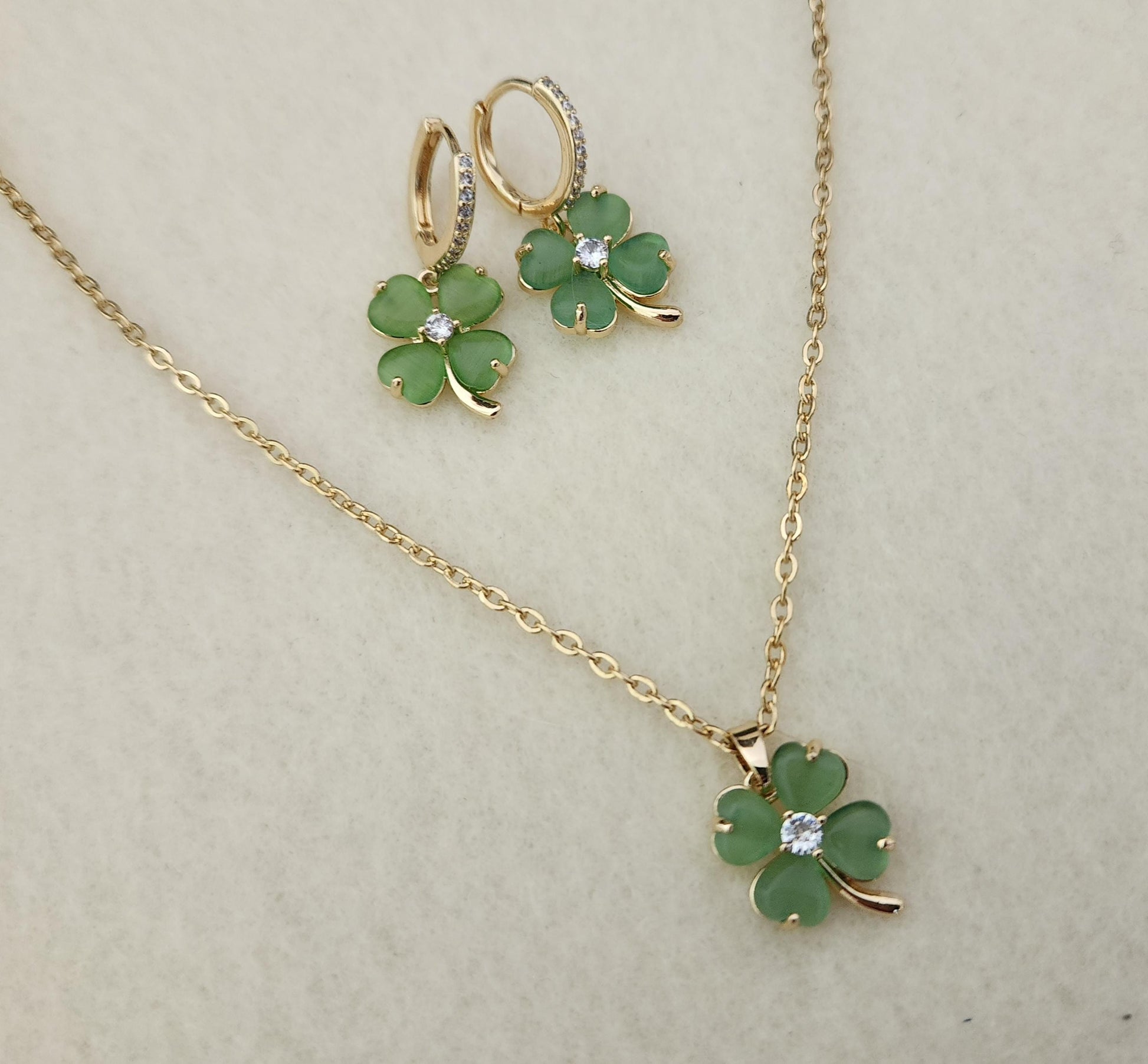 Gold Filled Bridesmaid Jade Earrings , Necklaces, WATERPROOF Clover Set.