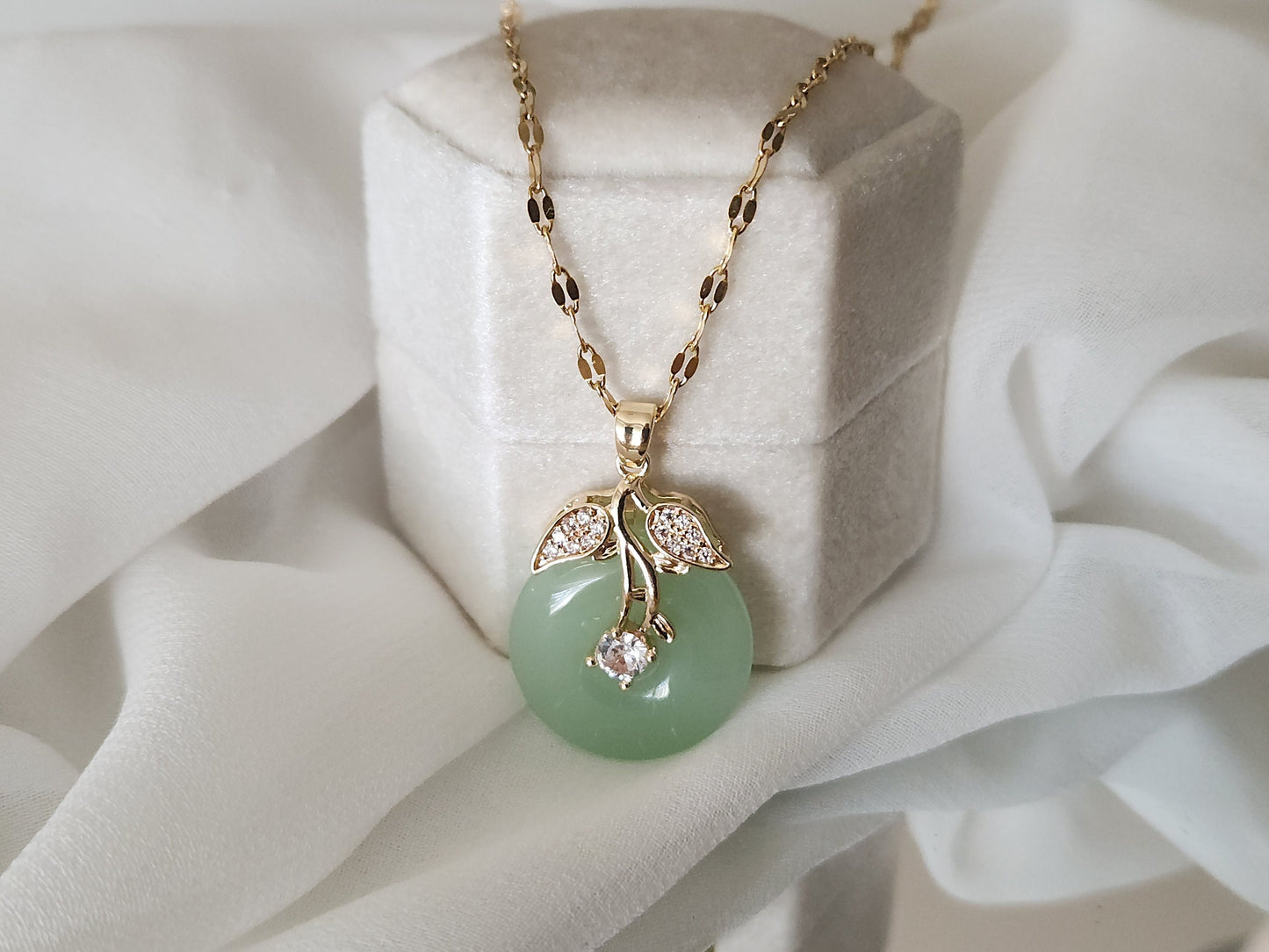 Gold Filled Mint Good Luck Jade Necklace, WATERPROOF Chains, Gift for Her.