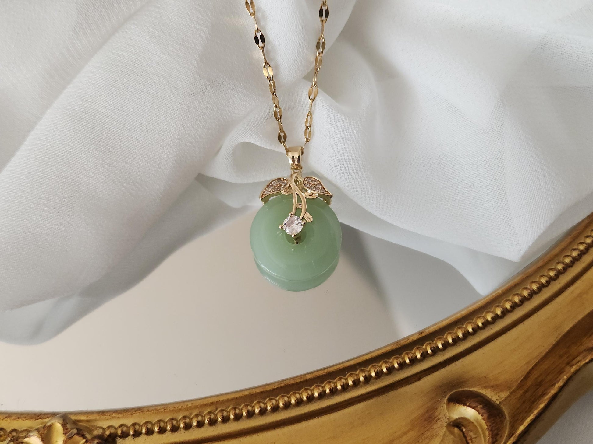 Gold Filled Mint Good Luck Jade Necklace, WATERPROOF Chains, Gift for Her.