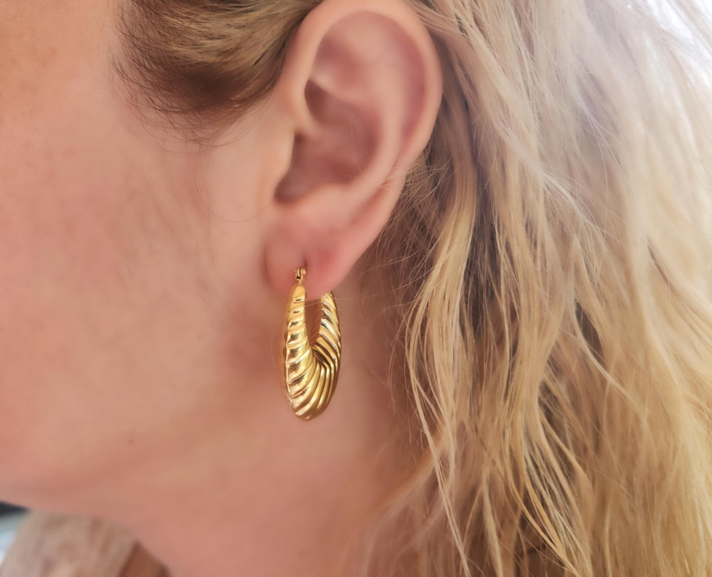 Gold Filled Croissant Earrings , Hollow Hoops, Waterproof , High Quality Gift.