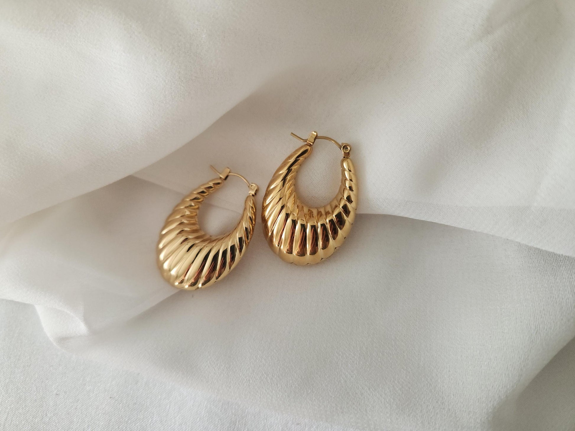 Gold Filled Croissant Earrings , Hollow Hoops, Waterproof , High Quality Gift.