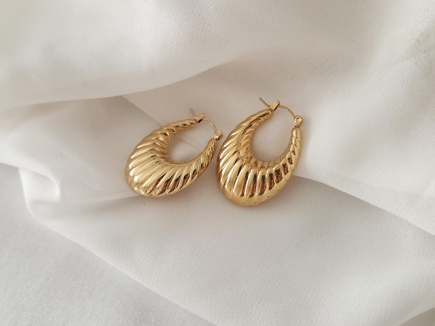 Gold Filled Croissant Earrings , Hollow Hoops, Waterproof , High Quality Gift.