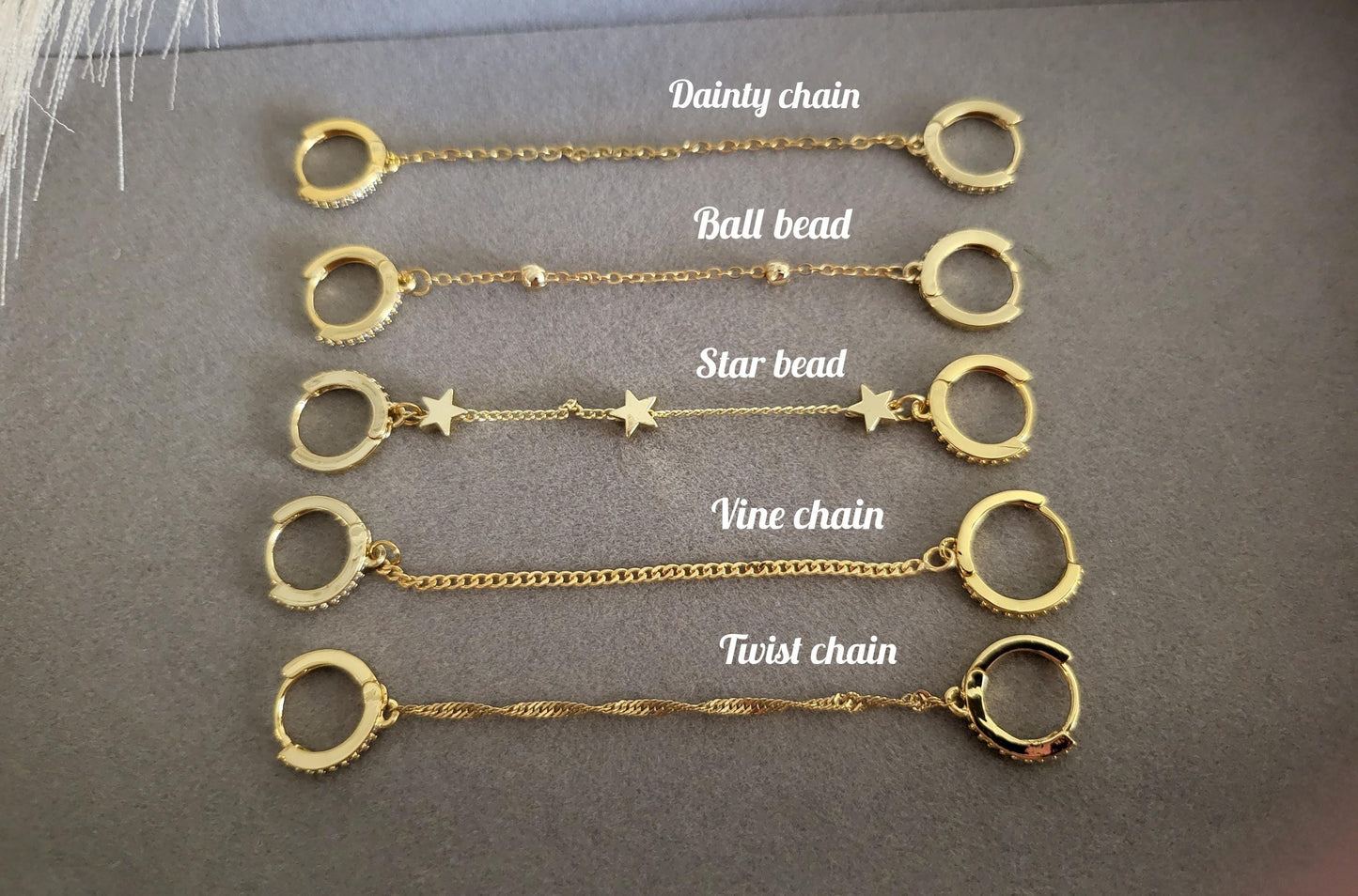 Gold FILLED- Silver Chain Earrings , Double Piercing Earrings , Connected Earrings , WATERPROOF ,Pair Connected Hoops .