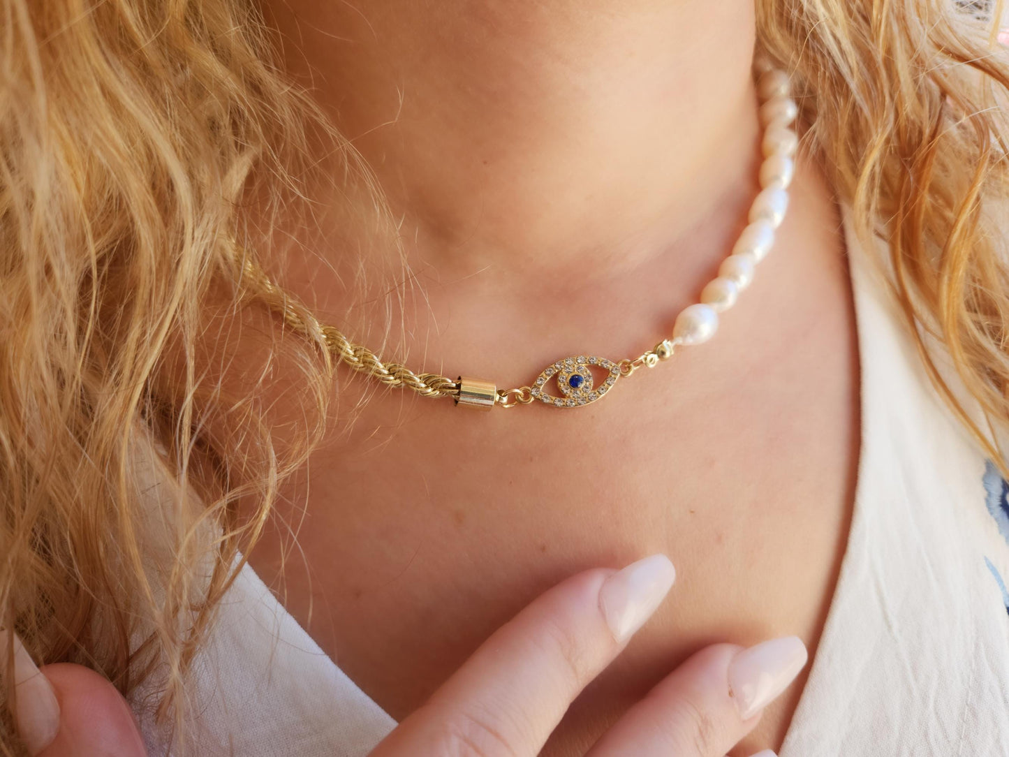 Evil Eye Necklace, Half Pearl Half Rope Necklace, Evil Eye Jewelry, Evil Eye Connector, Mother's Day Gift.