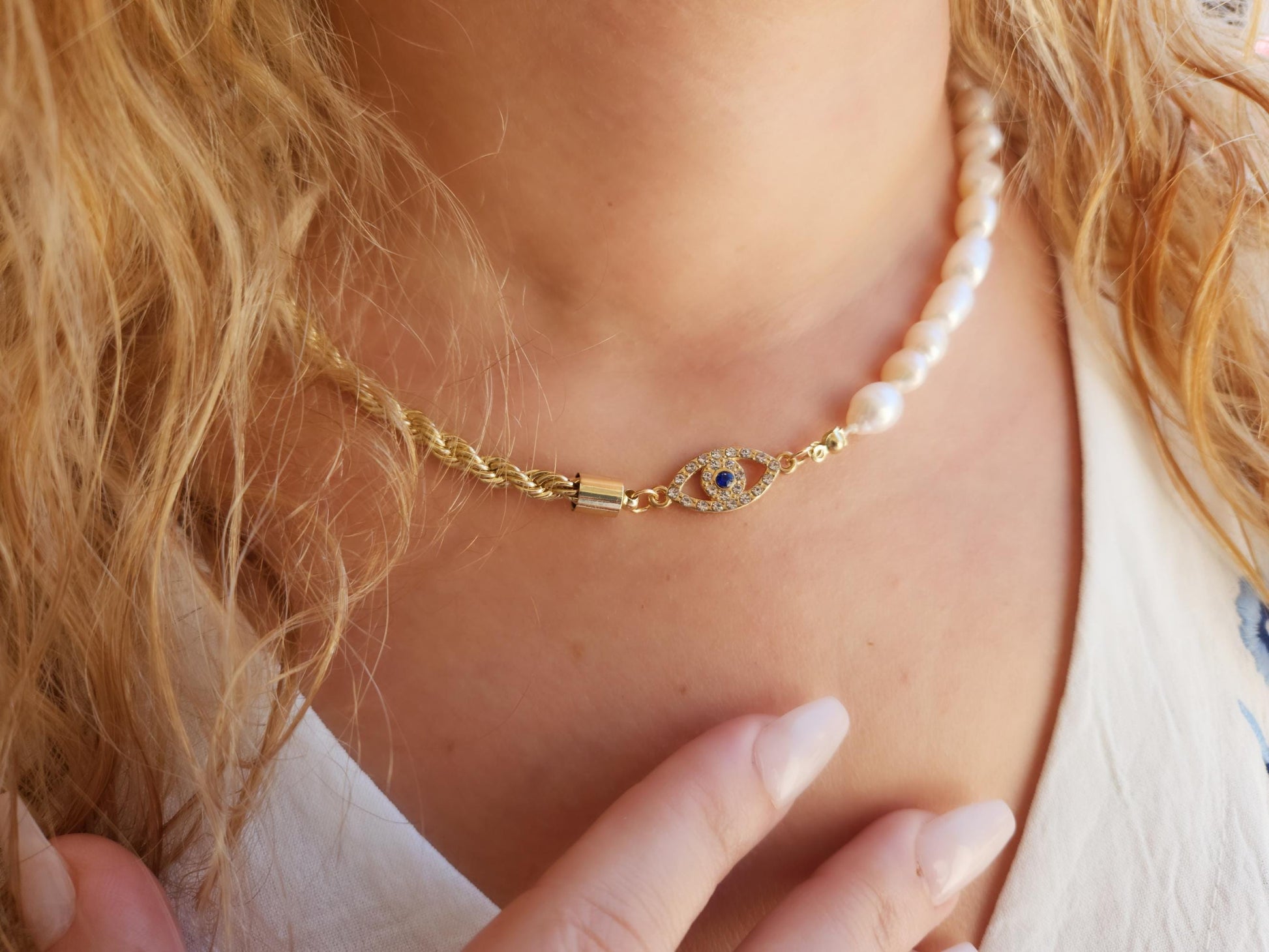 Evil Eye Necklace, Half Pearl Half Rope Necklace, Evil Eye Jewelry, Evil Eye Connector, Mother's Day Gift.