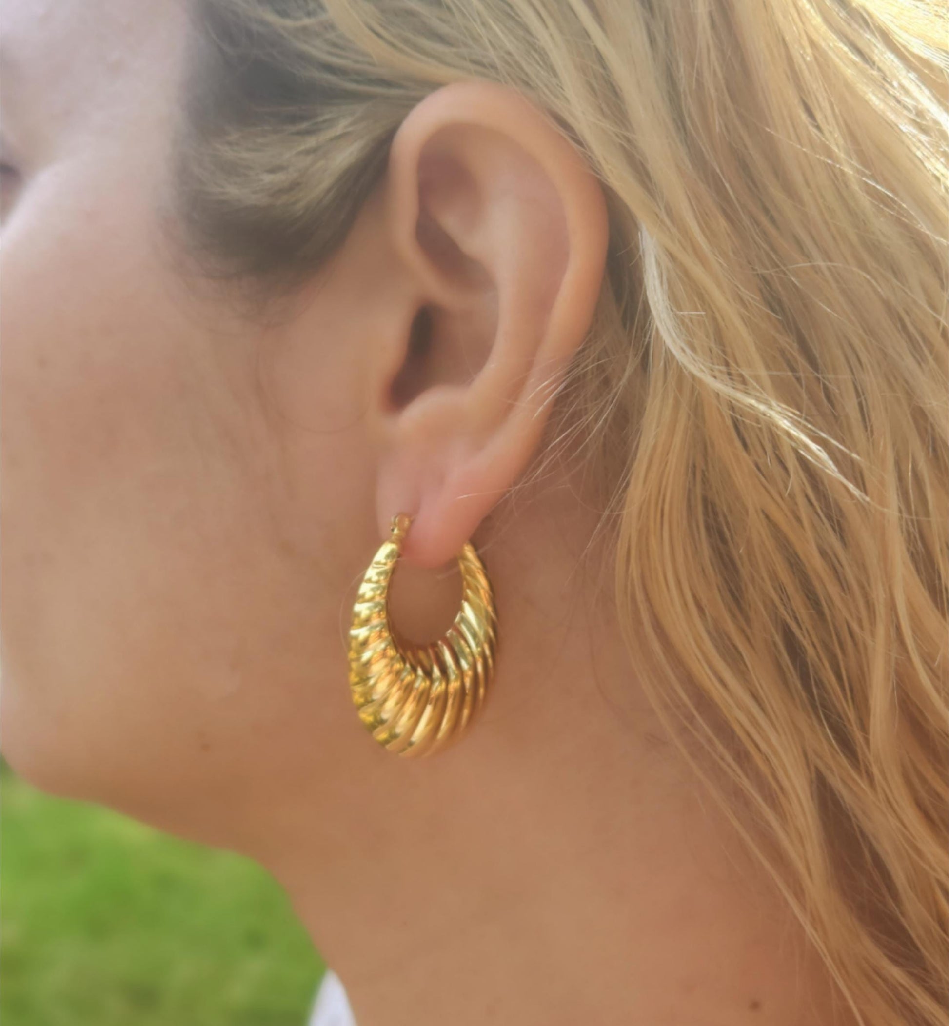 Gold Filled Croissant Earrings , Hollow Hoops, Waterproof , High Quality Gift.