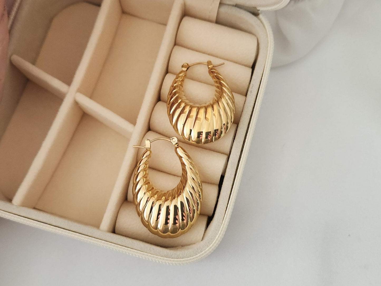 Gold Filled Croissant Earrings , Hollow Hoops, Waterproof , High Quality Gift.