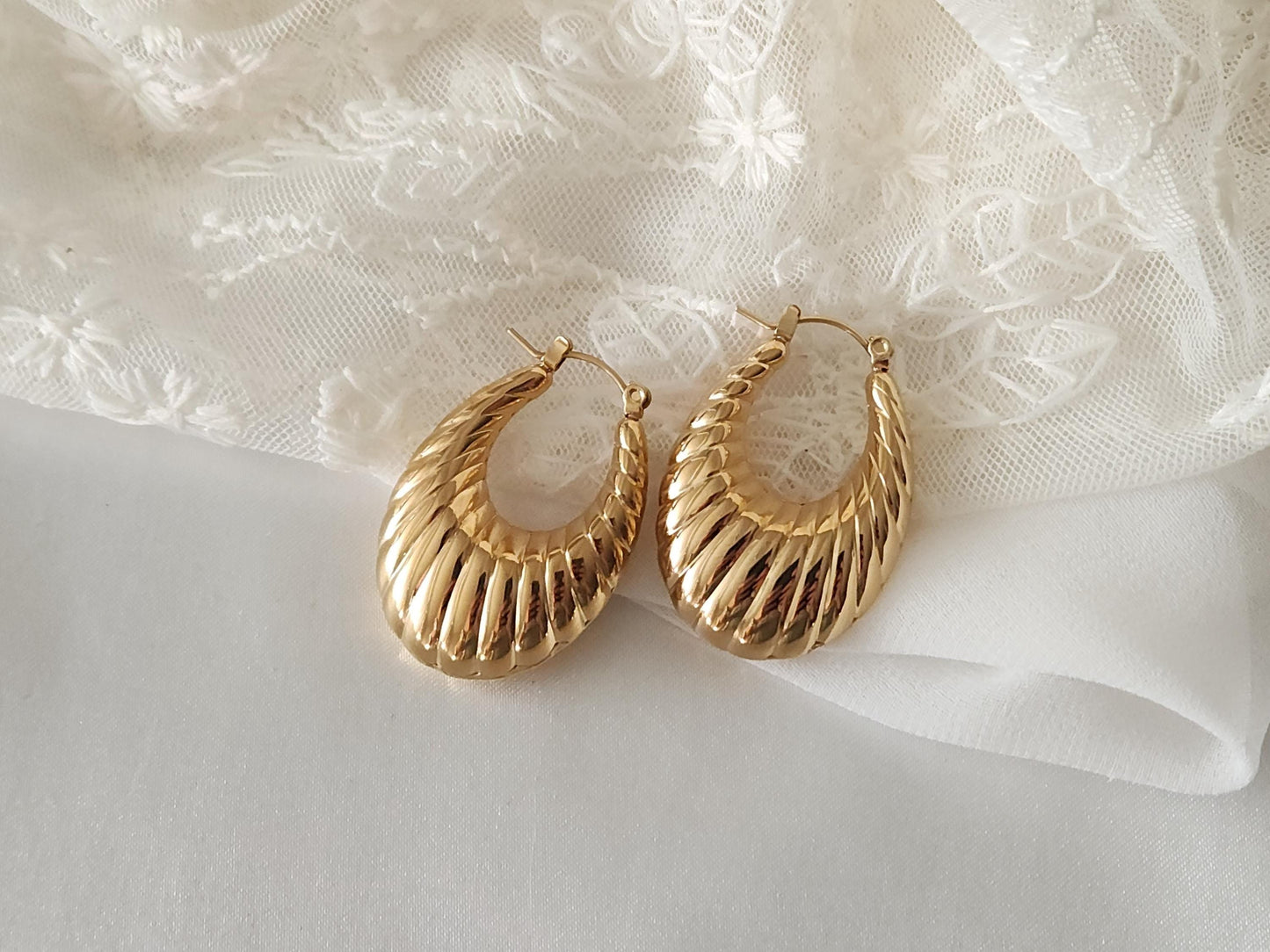 Gold Filled Croissant Earrings , Hollow Hoops, Waterproof , High Quality Gift.