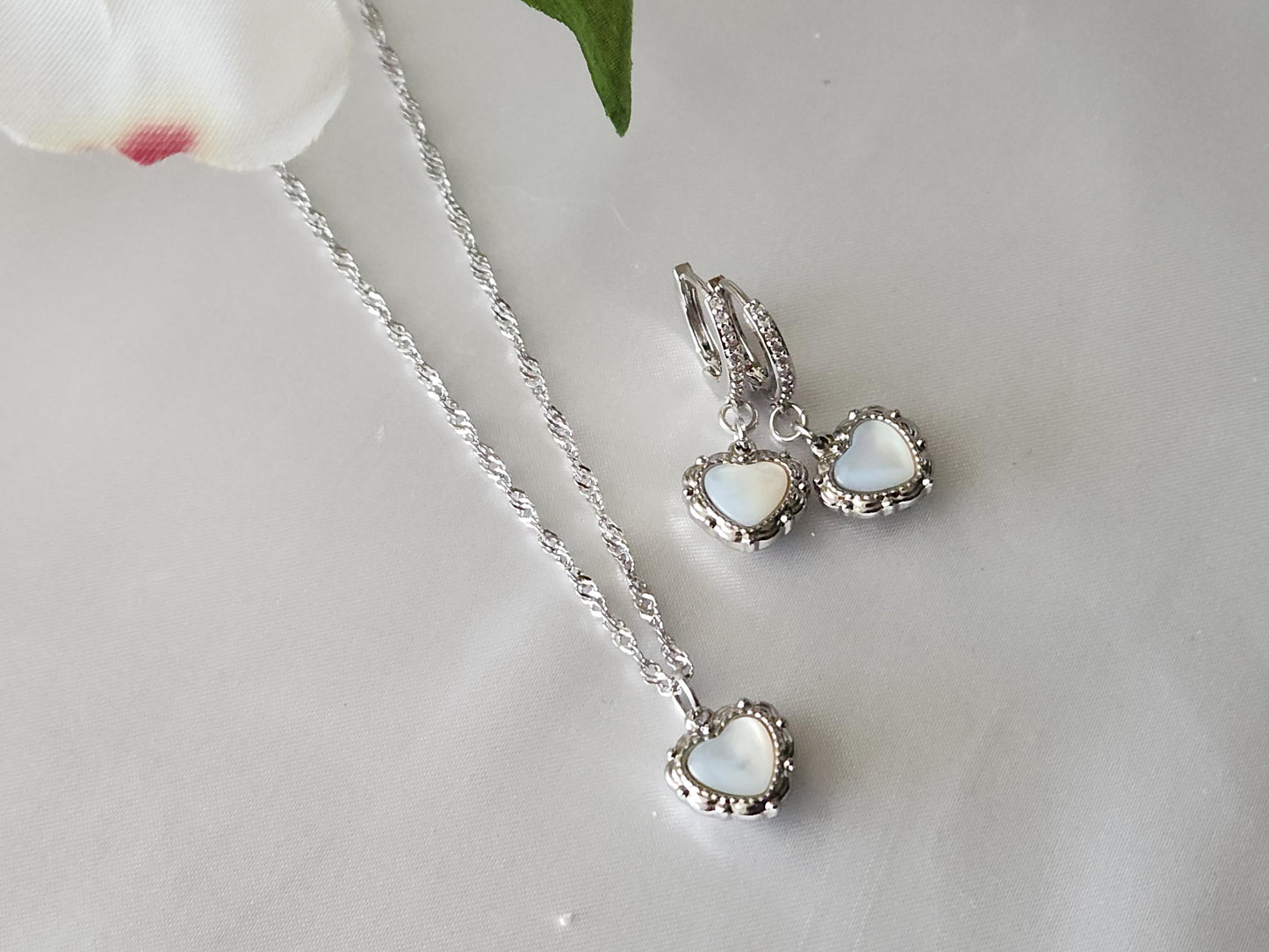 Gold Filled Mother of Pearl Heart Necklace ,Waterproof Adjustable Chains, Love Earrings .
