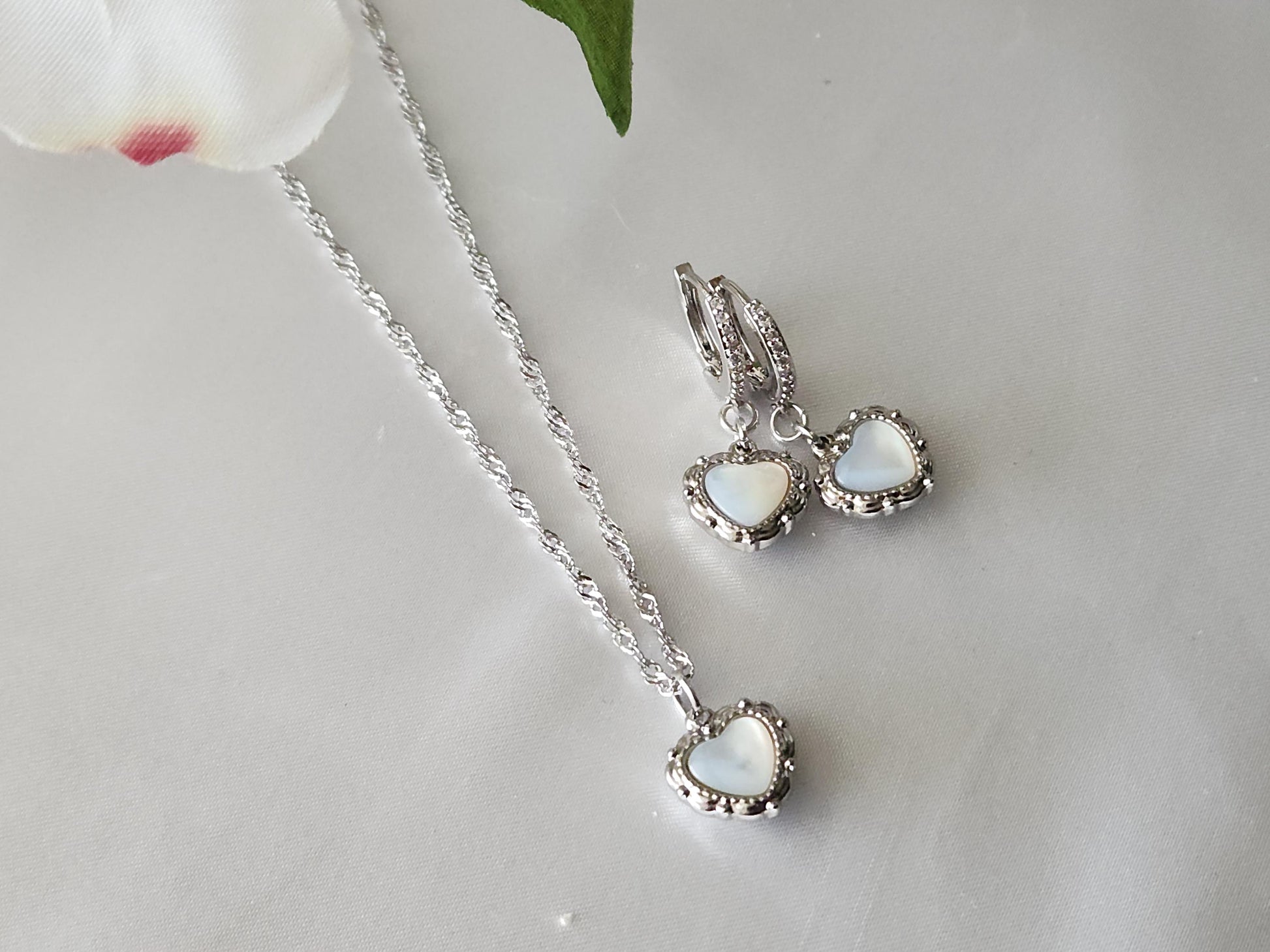 Gold Filled Mother of Pearl Heart Necklace ,Waterproof Adjustable Chains, Love Earrings .