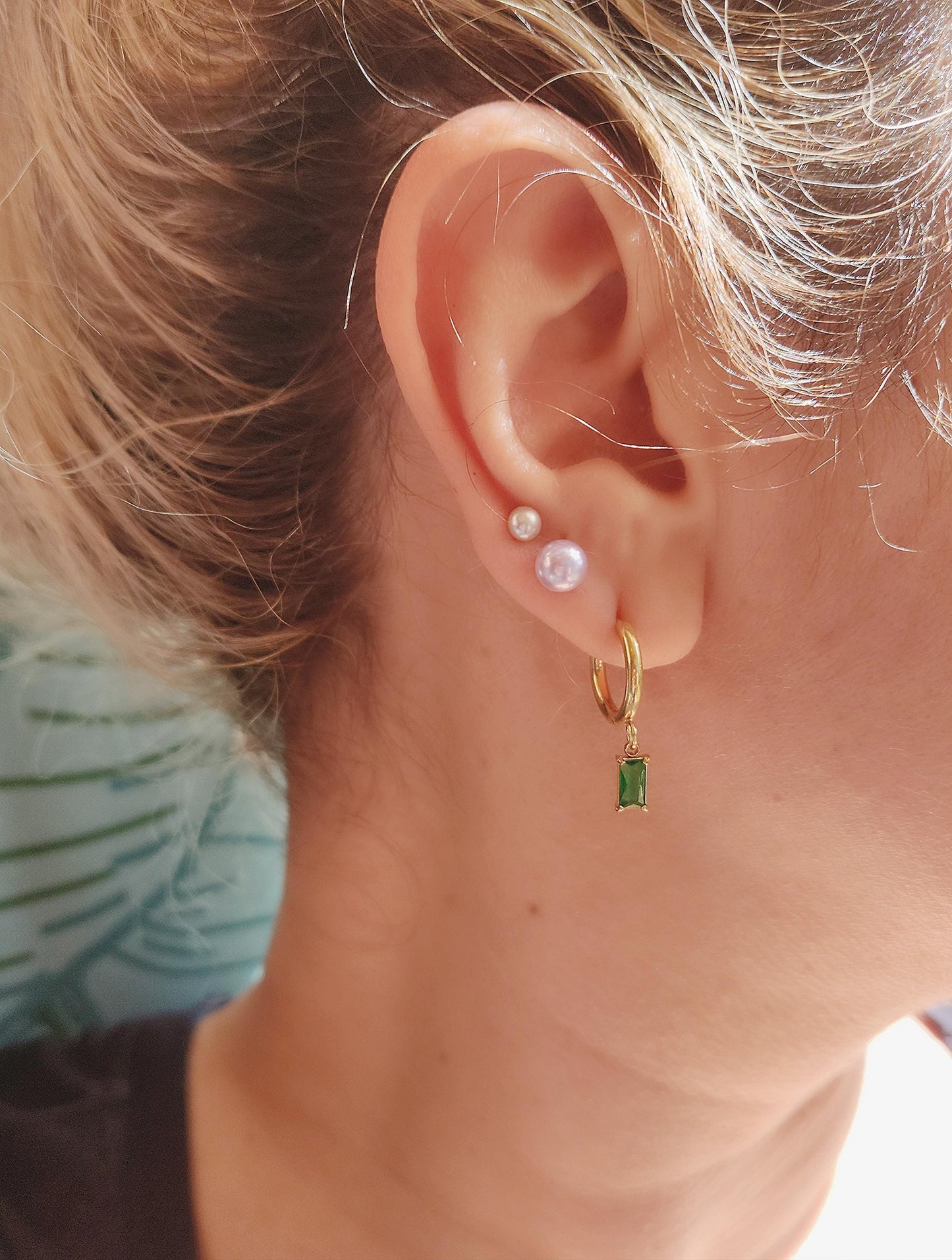 Gold Filled Emerald Hoop Earrings , Waterproof , High Quality.