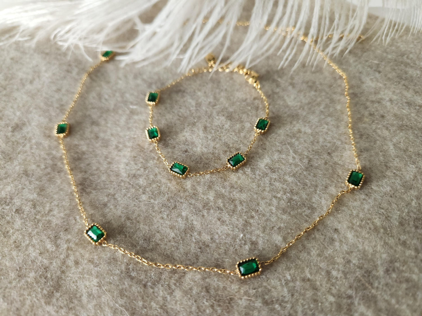 Gold Filled Emerald Necklace and Bracelet , Waterproof , High Quality.