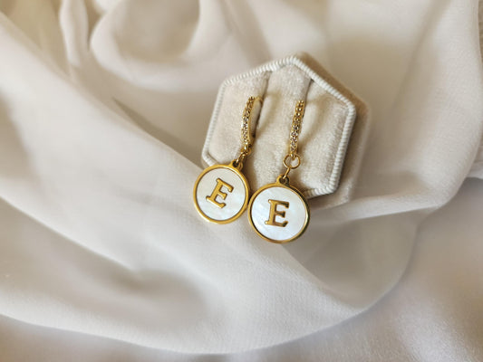 Gold Filled Mother of Pearl Round Initial Name Earrings, Birthday Gift.