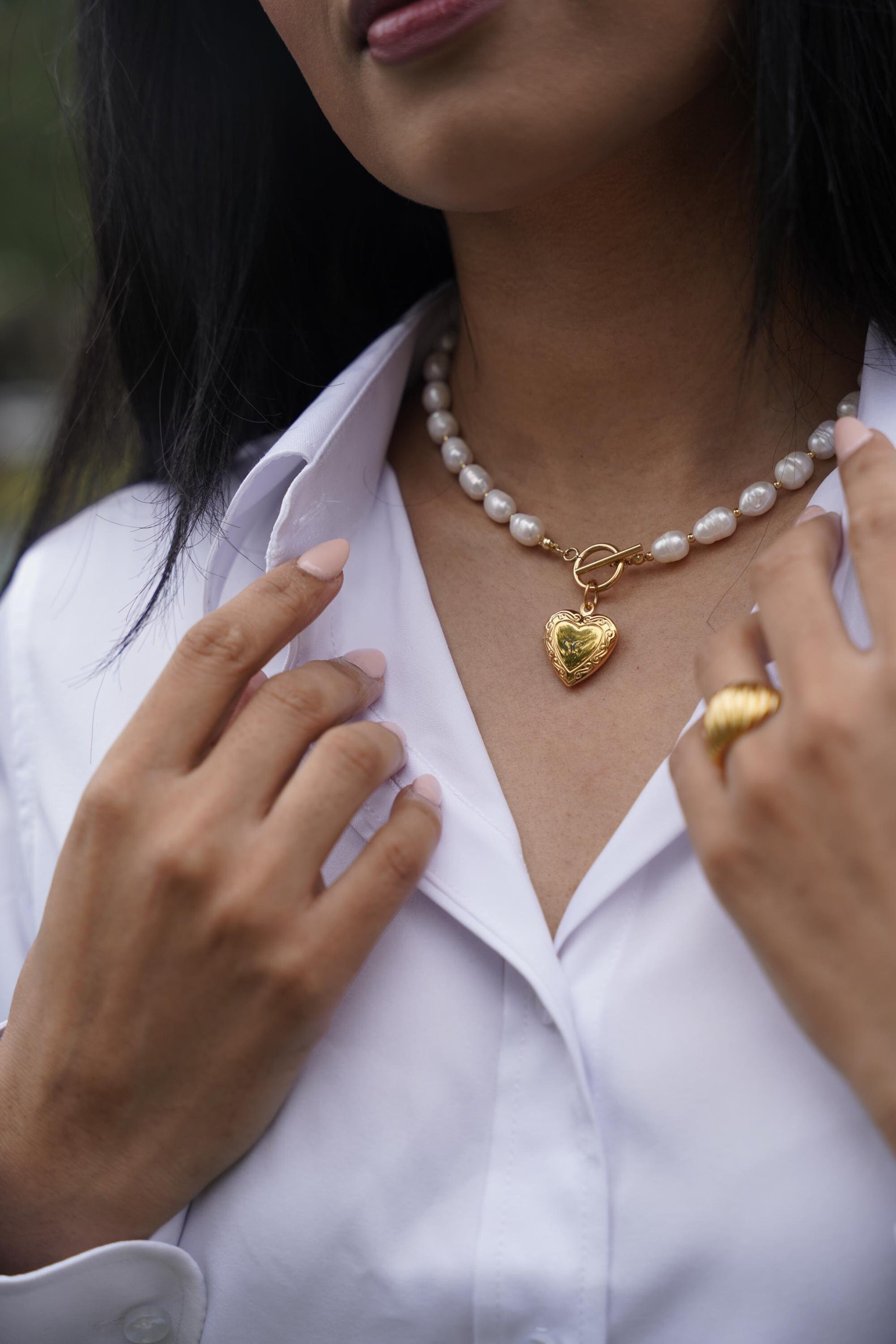 Gold Filled Real Freshwater Pearl Necklace With Locked Heart ,Memory Necklace , Engrave Small , Medium, Big Heart Pendant , Toggle claps.