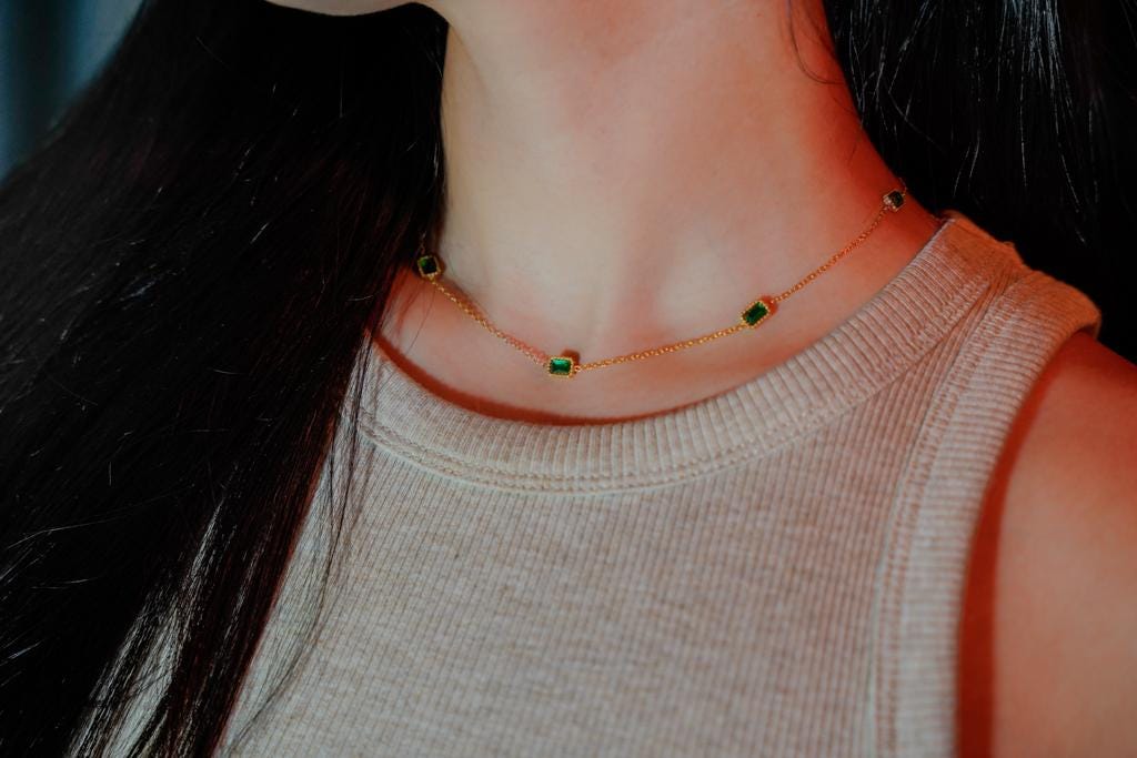 Gold Filled Emerald Necklace and Bracelet , Waterproof , High Quality.