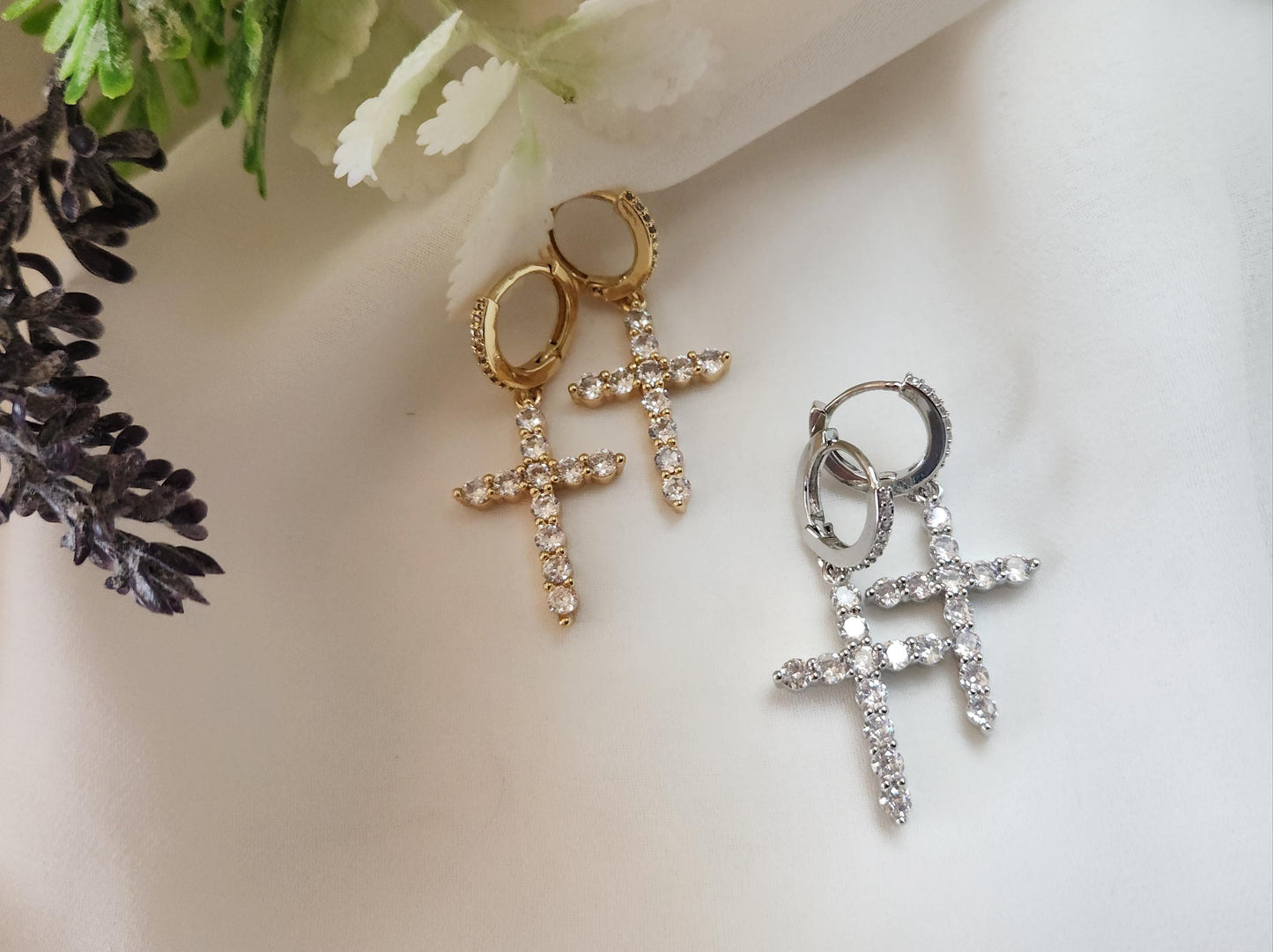 Gold Filled -Silver Diamond Cross Earrings, Diamond Cross Pendant Dainty , WATERPROOF .