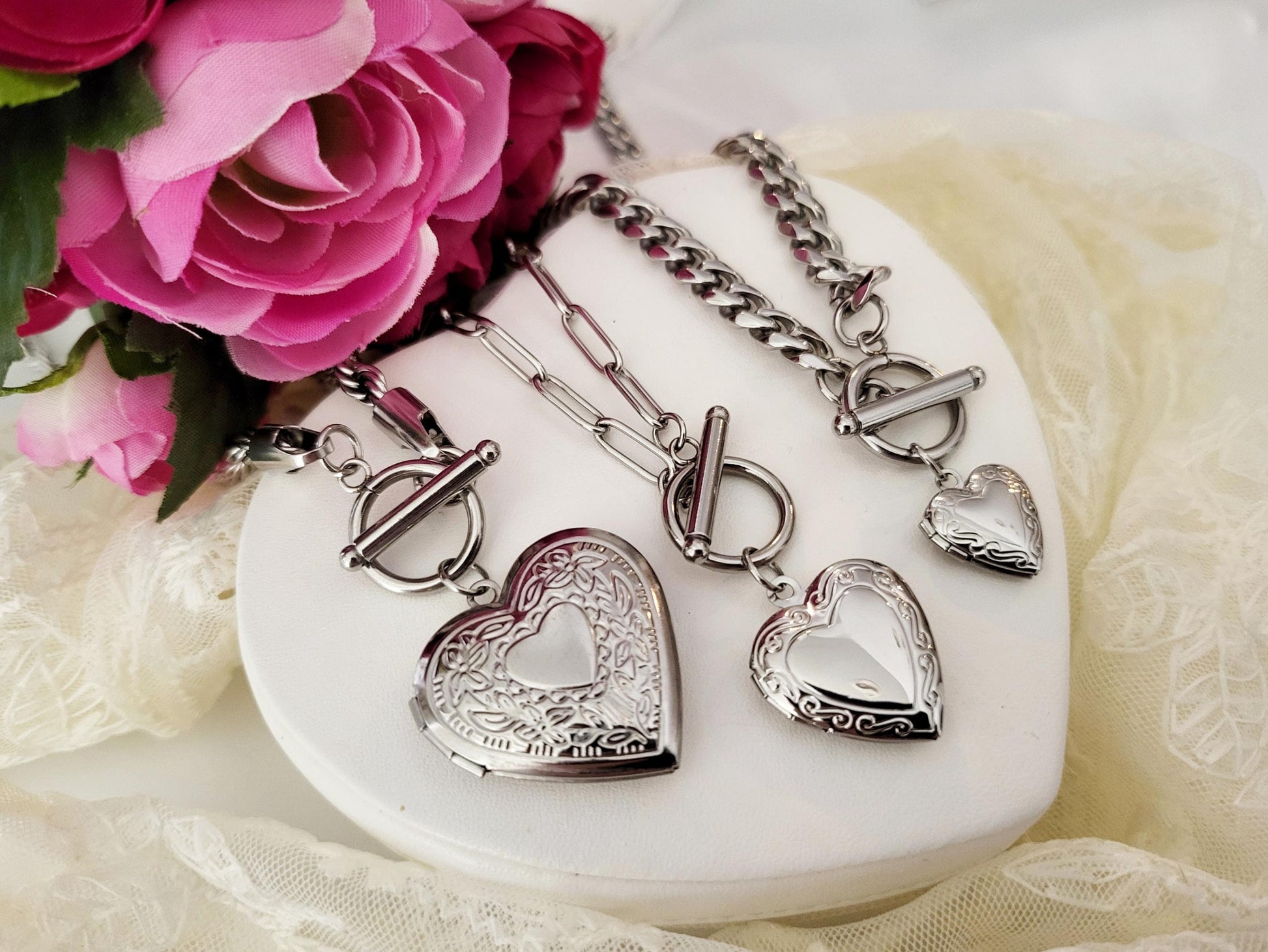 Silver Heart Locket Toggle Necklace with Photo, Engraved Heart Locket, Personalized gift.